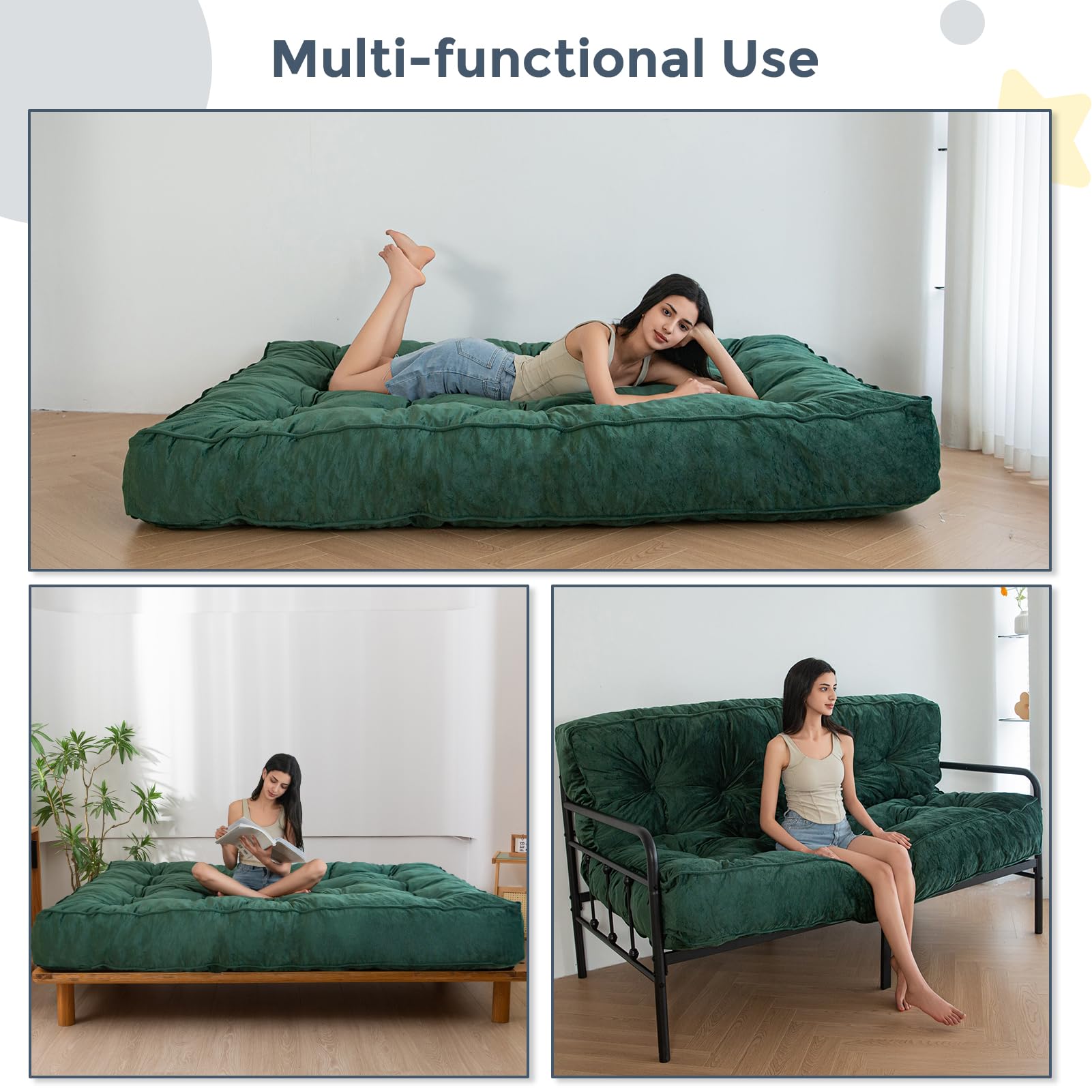 MAXYOYO 8-Inch Thick Velvet Tufted Futon Mattress for Sofa Bed - Green (Mattress Only) | Comfortable Sleeping Solution for Adults, Perfect for Small Apartments, Guest Rooms & Dorm Rooms