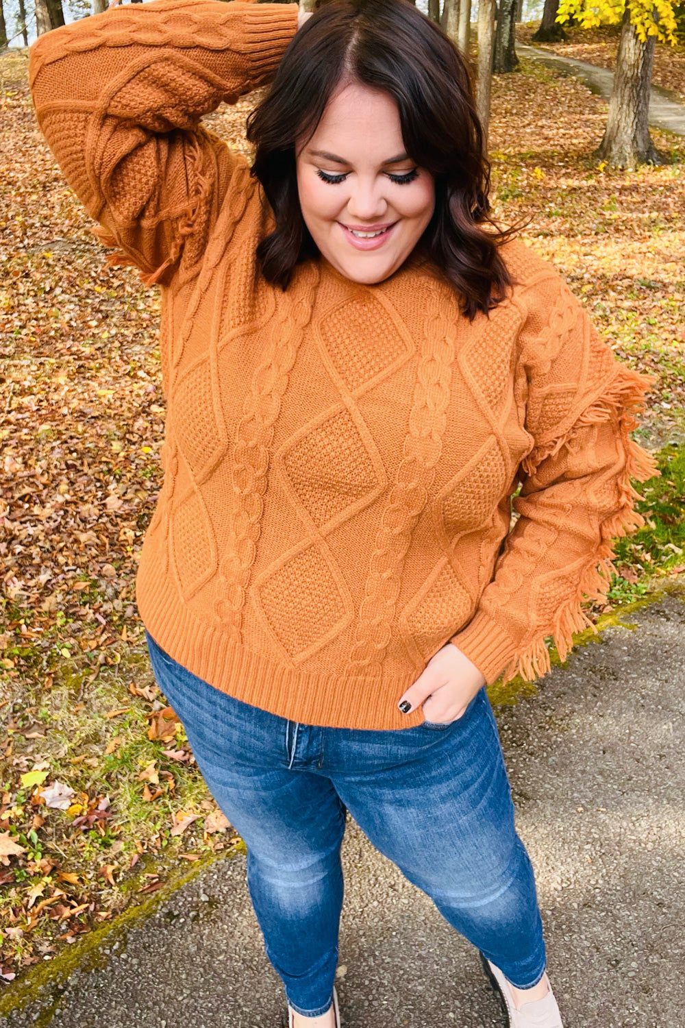 Joyful Days Rust Cable Knit Tassel Fringe Sweater for Women - Cozy Autumn Winter Pullover with Boho Chic Style | Perfect for Fall Outfits, Holiday Parties & Casual Wear