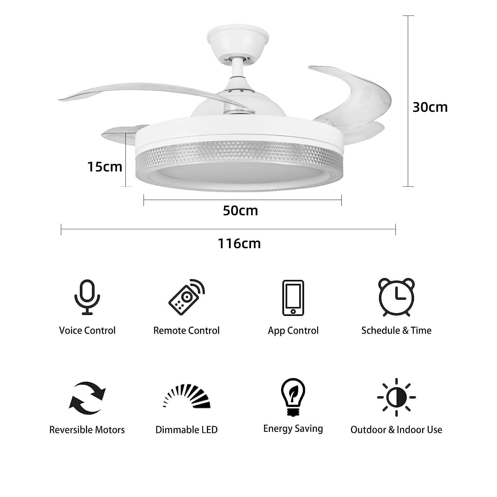 HOREVO 42 Inch Retractable Ceiling Fan with LED Lights, Bluetooth Speaker & Remote - Color Changing Dimmable Invisible Blade Chandelier Fan for Bedroom, Living Room & Outdoor Patio