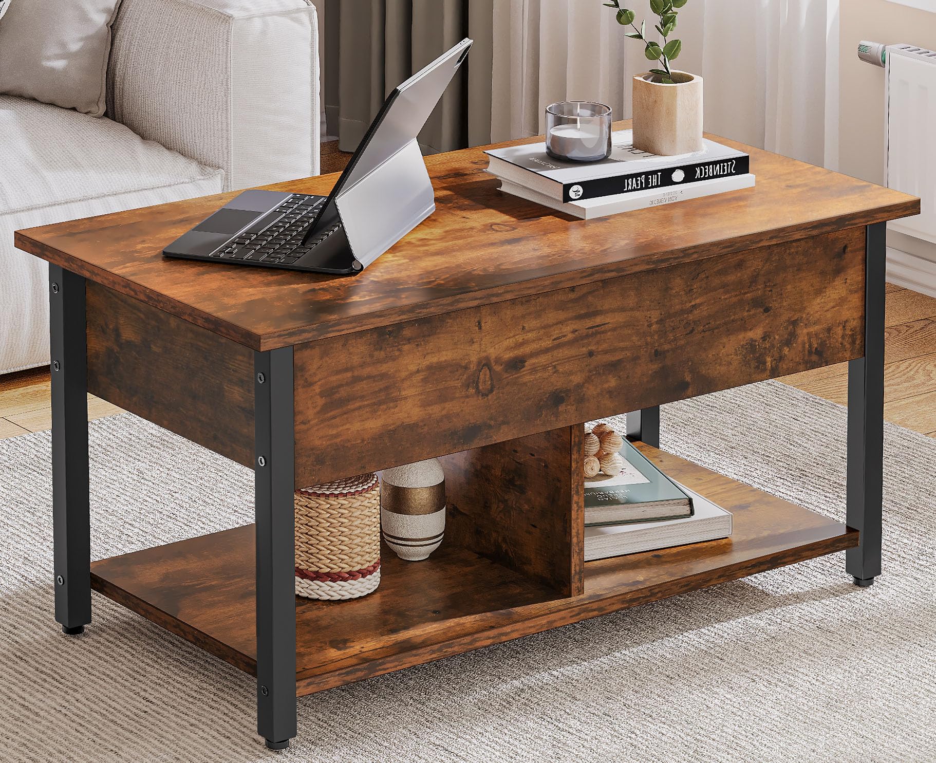 YITAHOME Lift Top Coffee Table with Large Hidden Storage - Rustic Brown Wood Lift-Up Center Table for Living Room & Office - Perfect for Small Spaces, Storage Solutions, and Multi-Functional Use