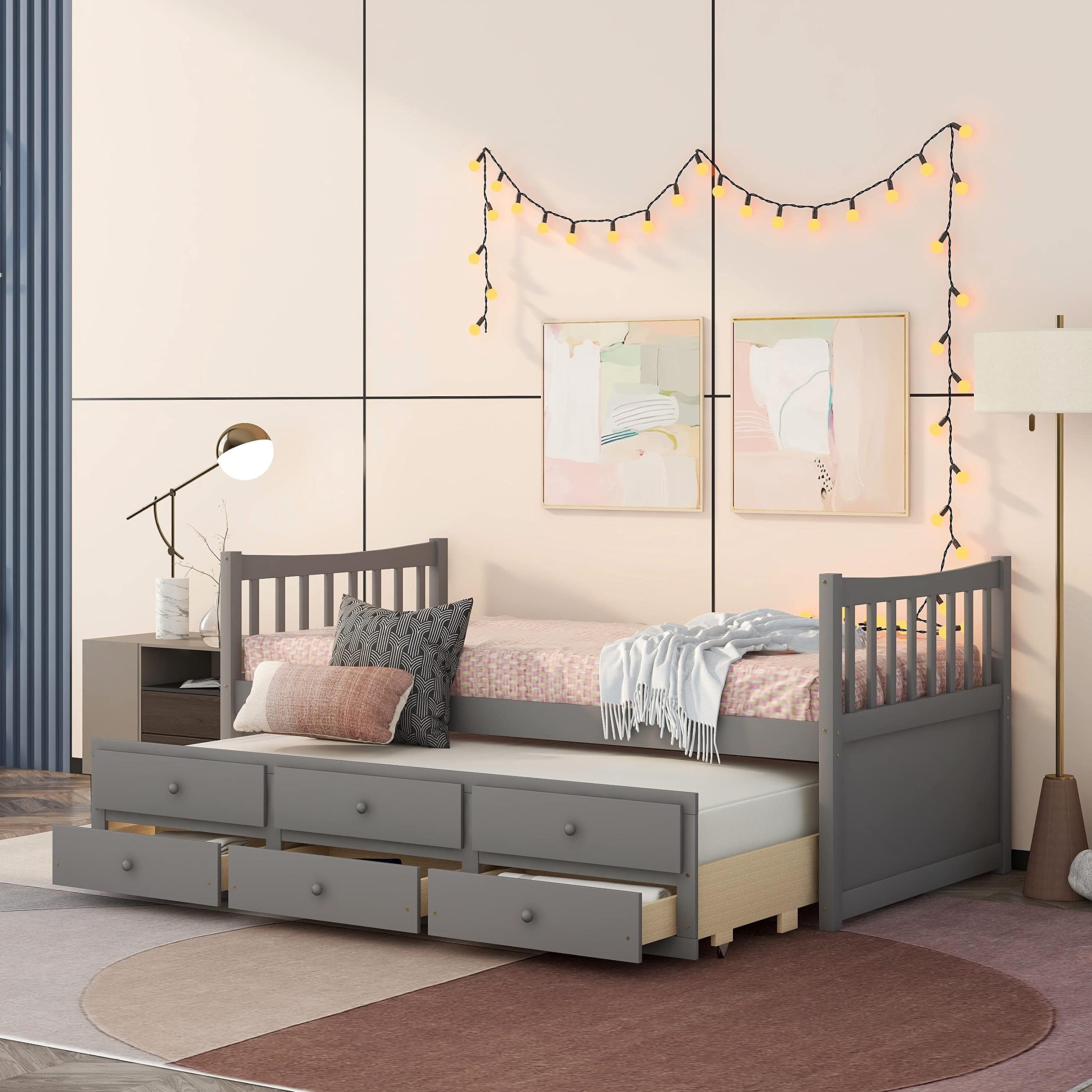 Harper & Bright Designs Twin Captain’s Bed with Storage Drawers & Trundle - Solid Wood Daybed for Kids & Guest Room, Gray - Perfect for Small Spaces & Sleepovers