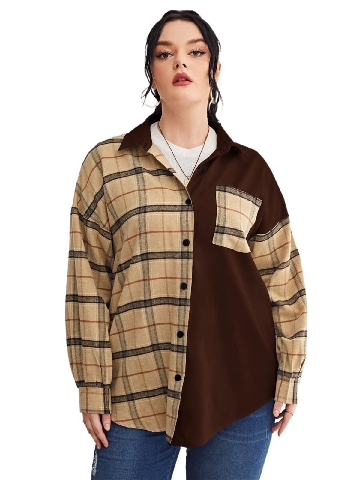 TINMIIR Women's Plus Size Drop Shoulder Plaid Tunic Blouse with Button Front & Patched Pockets - Casual Long Shirt for Work, Office & Everyday Wear (Multicolor, 0XL)