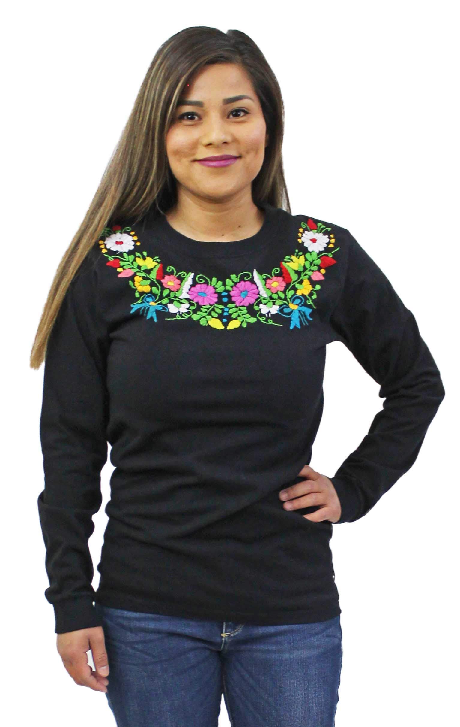 Authentic Mexican Hand Embroidered Long Sleeve T-Shirt for Women | Traditional Folk Art Cotton Blouse | Perfect for Festivals, Vacations & Boho Fashion