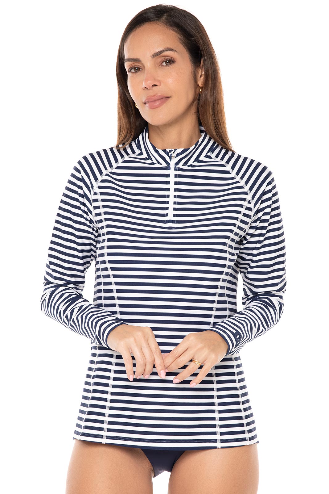 Women's Long Sleeve Rash Guard UV Protection Swim Shirt - White & Navy Stripe for Surfing, Swimming, Yoga & Outdoor Activities