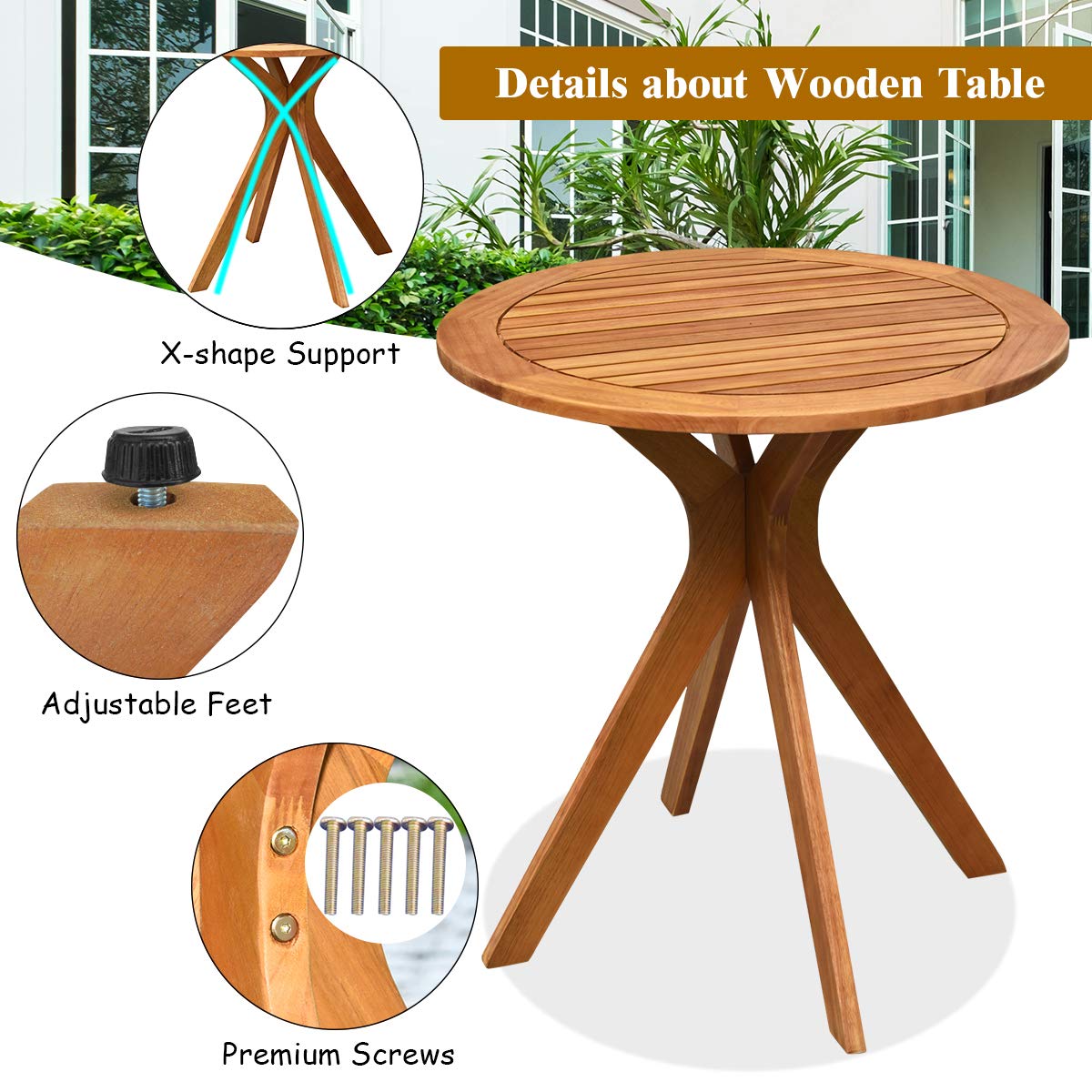 Wooden Round Patio Bistro Table with X-Shaped Base - Indoor/Outdoor Side Table for Coffee, Garden, Backyard & Living Room | Durable Teak Furniture for Relaxing & Entertaining