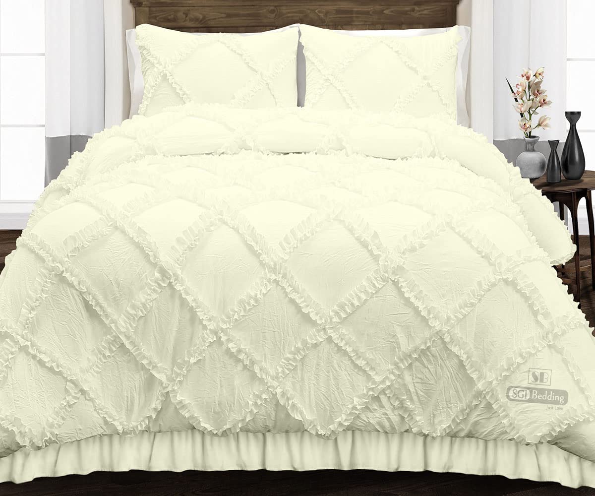 Oversized Queen Comforter Set - 300 GSM Plush Siliconized Microfiber Fill with Diamond Ruffle Design, Ivory Duvet Insert & Matching Pillowcases - Ultra Soft Quilted Bedding for Cozy Nights & Luxury Hotel-Style Comfort