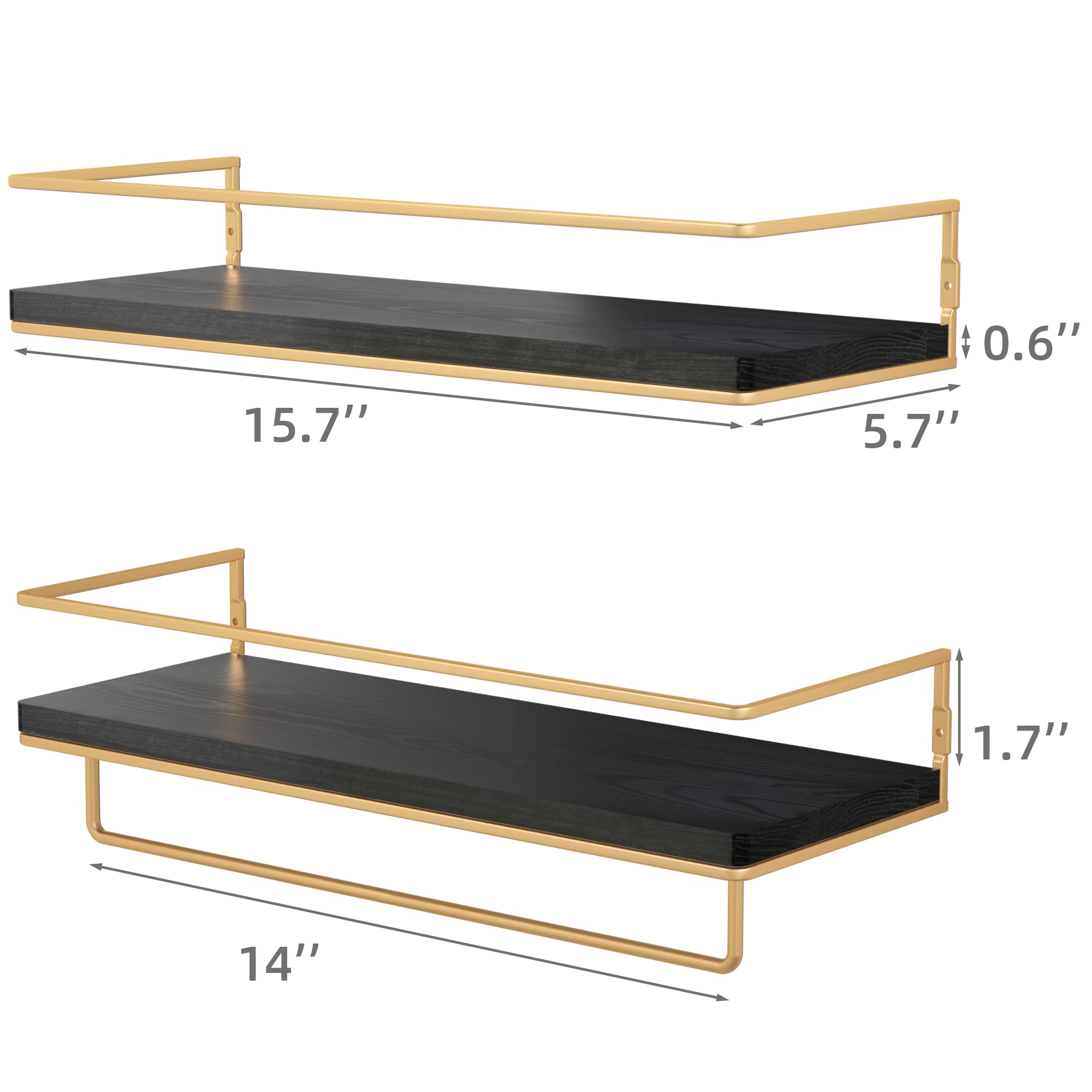 Black Floating Shelves with Gold Towel Rack - Wall Mounted Storage Shelves Set of 2 for Bathroom, Kitchen & Bedroom - Space Saving Home Organization for Towels, Decor & Essentials