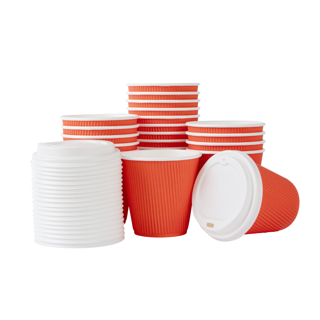 8 oz Tangerine Orange Ripple Wall Paper Coffee Cups with White Lids - 3.5