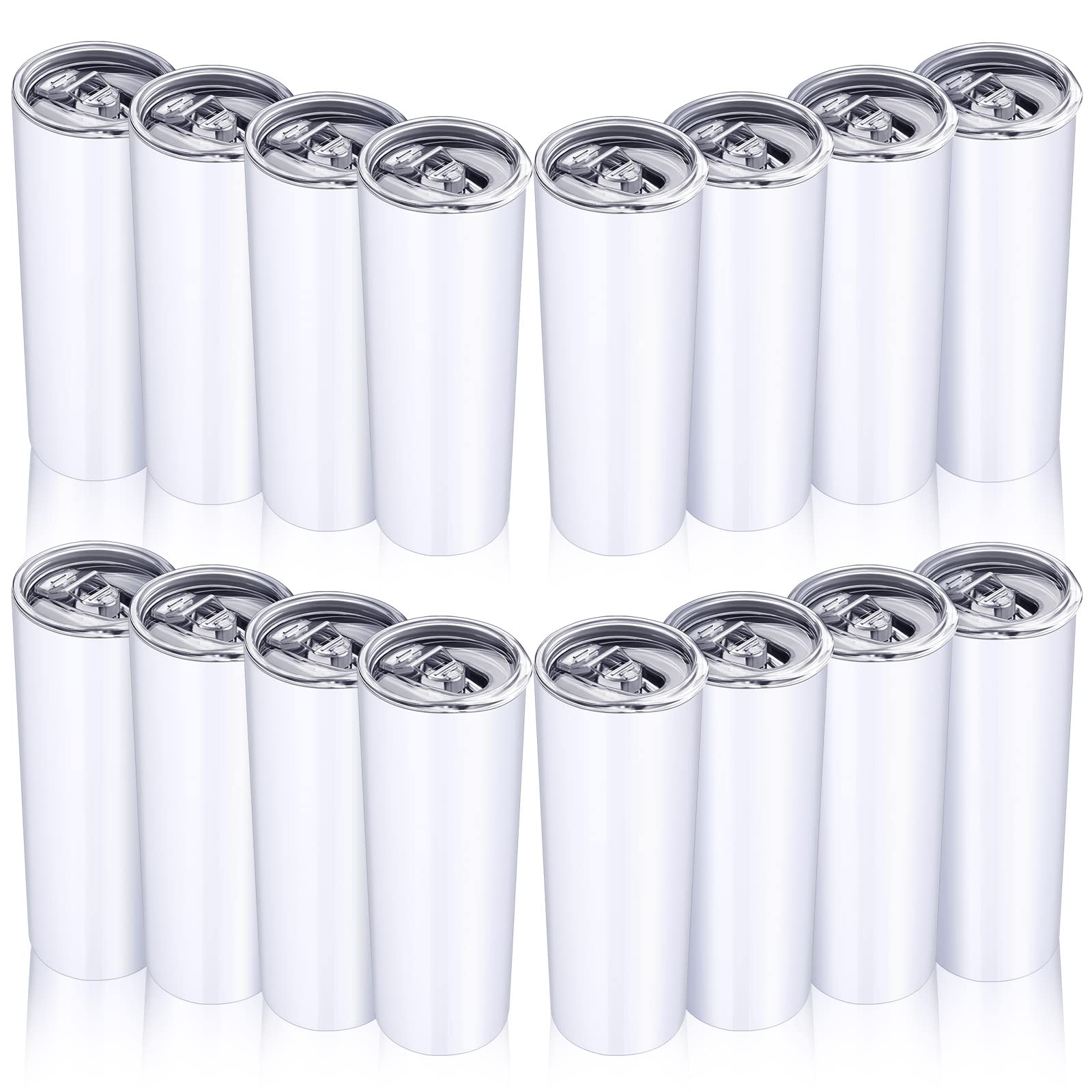 16 Pack 20oz Insulated Stainless Steel Skinny Tumbler with Lid - Double Wall Vacuum Travel Coffee Mug for Hot & Cold Drinks - Reusable Water Bottle for Home, Office, Car, Gym & Outdoor Activities (White)