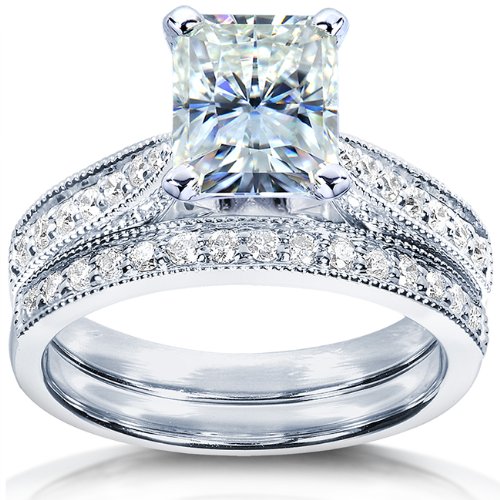 Kobelli Radiant-Cut Moissanite Engagement Ring & Wedding Band Set 2.13 CTW in 14K White Gold - Perfect for Proposals, Anniversaries & Bridal Jewelry