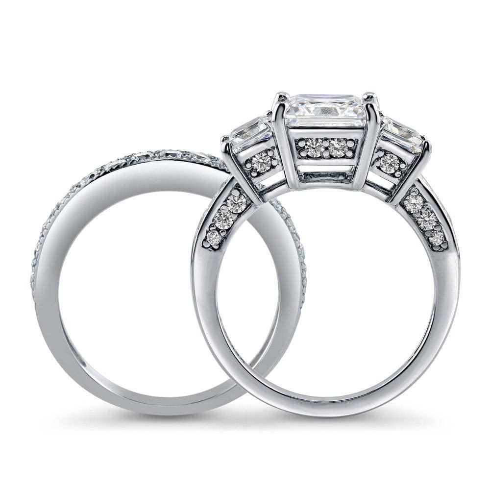 Sterling Silver 3-Stone Princess Cut Cubic Zirconia Engagement Ring Set for Women - 2 Carat CZ Wedding Band, Rhodium Plated, Size 4-10 - Perfect for Proposals, Anniversaries & Bridal Jewelry