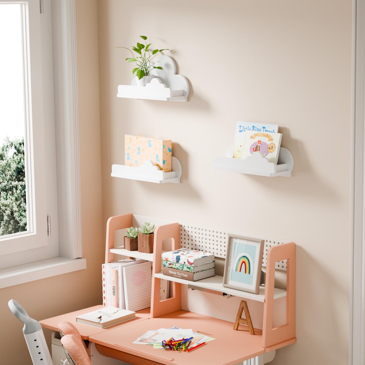 Beskadi Set of 3 White Cloud Floating Shelves - Wall Mounted Nursery Decor for Kids Room, Bookshelf & Display Shelf for Toys, Plants & Storage - Perfect for Bedroom, Playroom & Nursery Organization