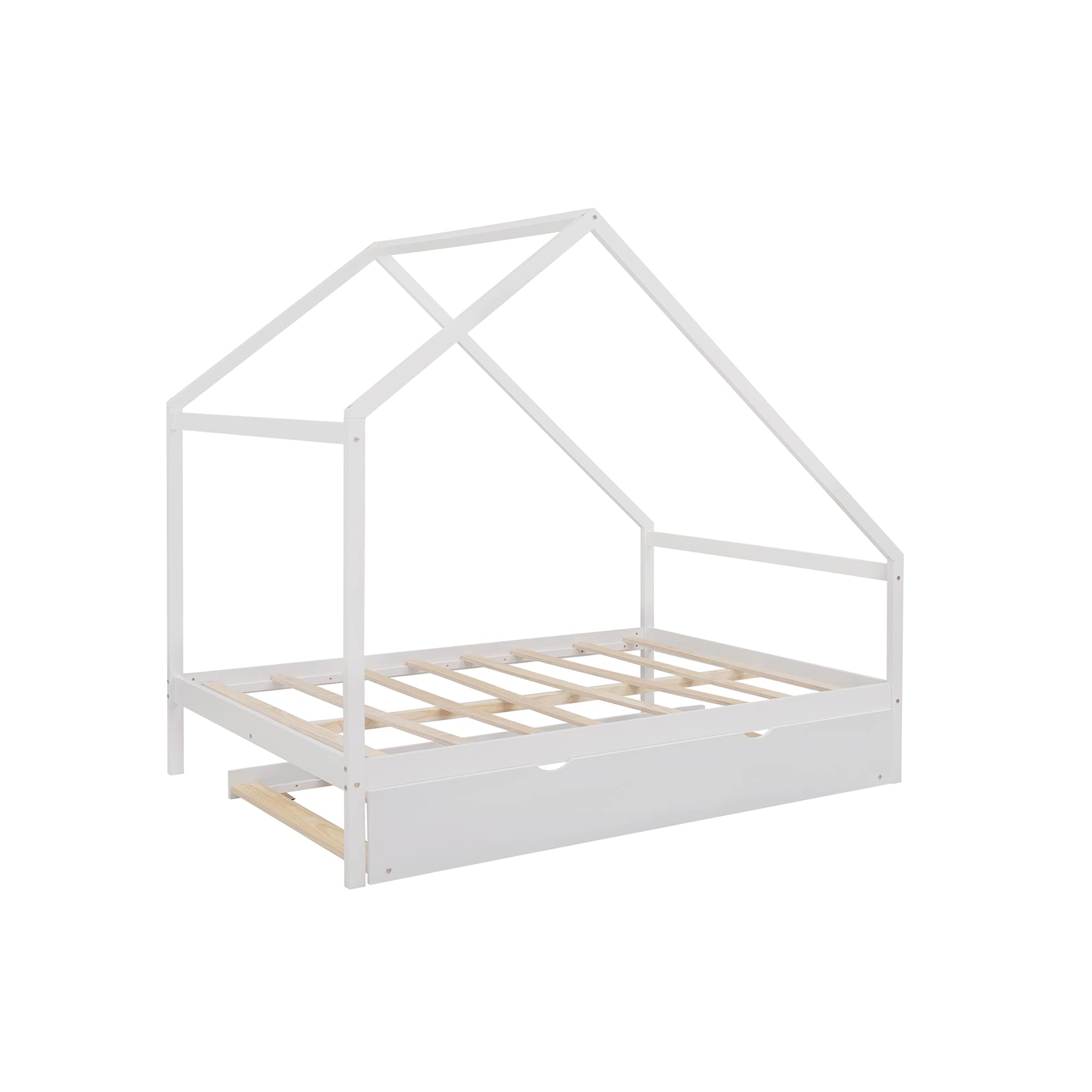 **Solid Wood House Bed Frame - Full Size Daybed with Twin Trundle, Platform Bed with Roof for Kids, Teens & Toddlers - White - Perfect for Bedrooms, Playrooms & Sleepovers**