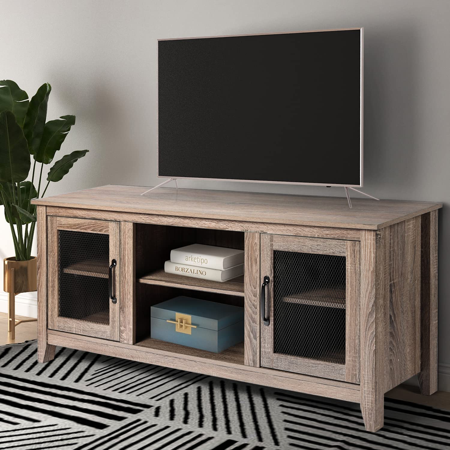 LYNSLIM 65 Inch Farmhouse TV Stand with Storage Cabinets, Shelves & 2 Mesh Doors - Industrial Entertainment Center for Living Room, Entryway (Grey) - Perfect for Organizing Media Devices & Displaying Decor in Modern Homes