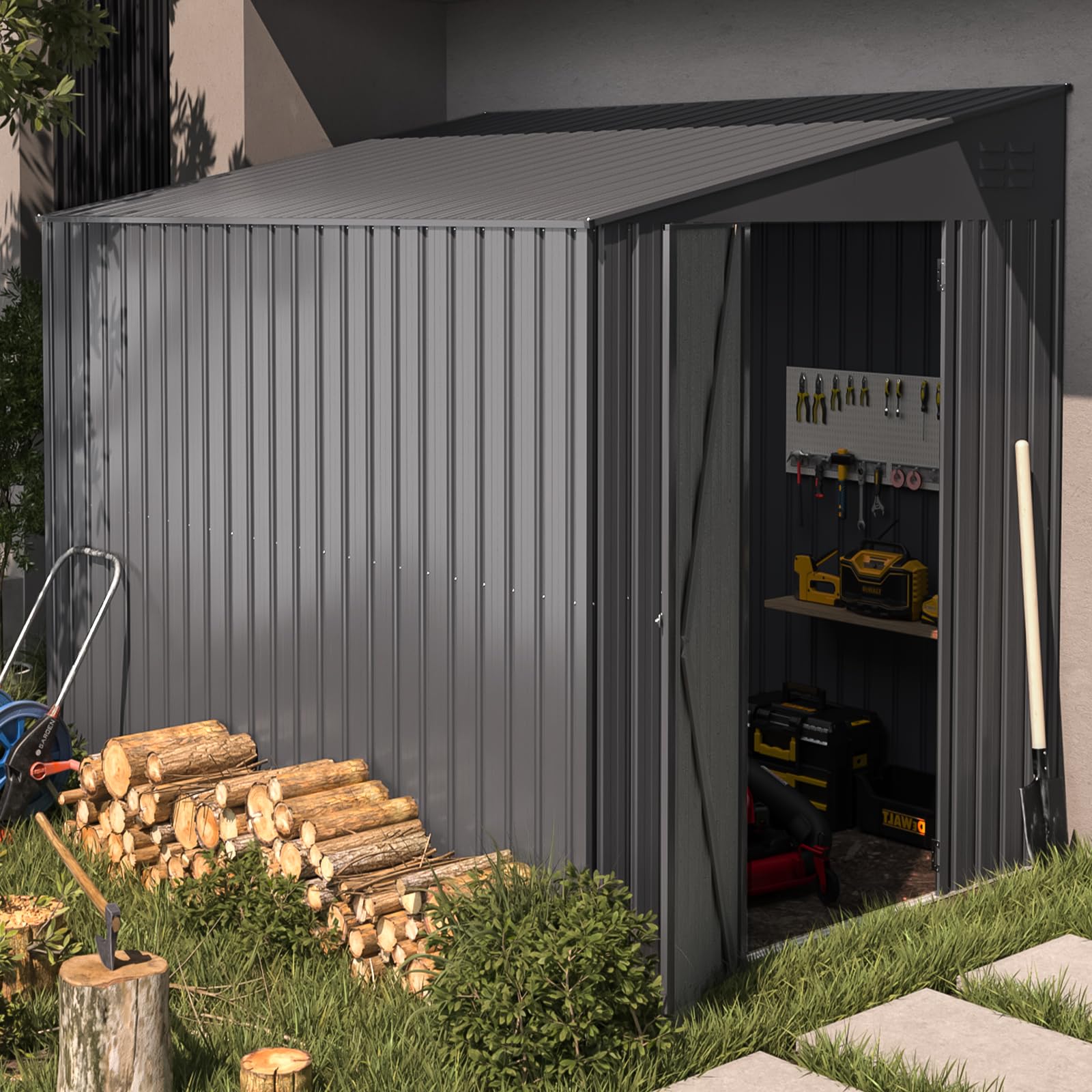 AECOJOY 6' x 8' Metal Storage Shed - Outdoor Lean-to Bike Shed, Garden Storage Cabinet for Backyard, Patio & Yard Organization | Weather-Resistant Dark Grey | Perfect for Storing Bikes, Tools & Outdoor Equipment