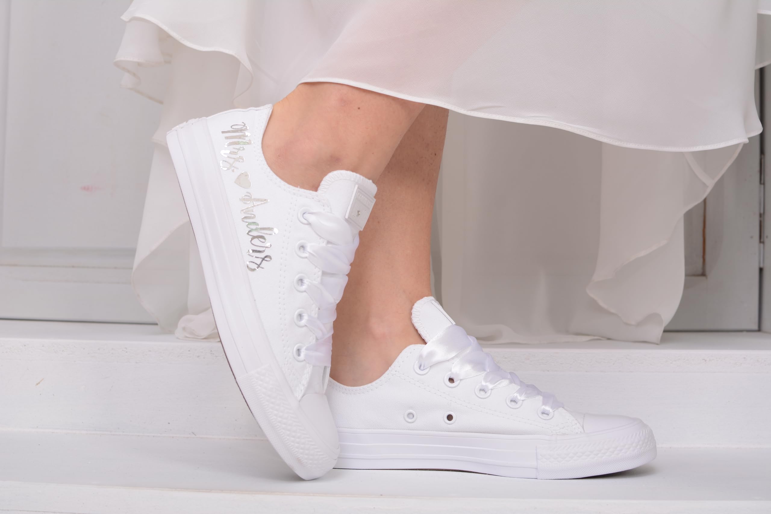 Custom Silver Mirror Foil Wedding Sneakers for Bride - Personalized Bridal Shoes for Wedding Ceremony & Reception - Perfect for Walking Down the Aisle & Dancing