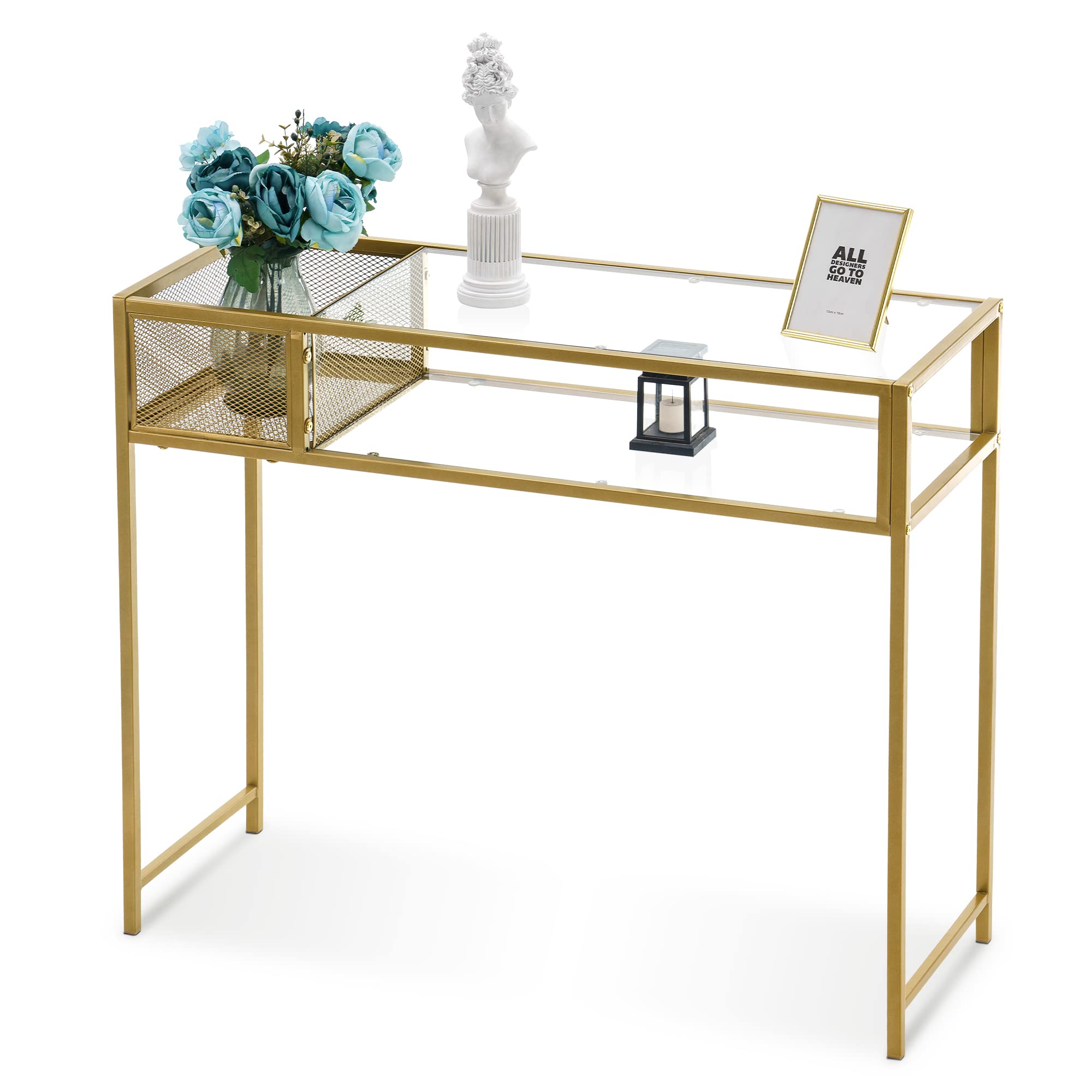 ivinta Narrow Console Table - Modern Entryway Table with Glass Shelves & Gold Metal Frame, 2-Tier Sofa Table for Living Room, Hallway, Accent Table, Computer Desk, TV Stand (CONS-76GS) - Perfect for Small Spaces, Apartment Decor & Stylish Home Office Setup