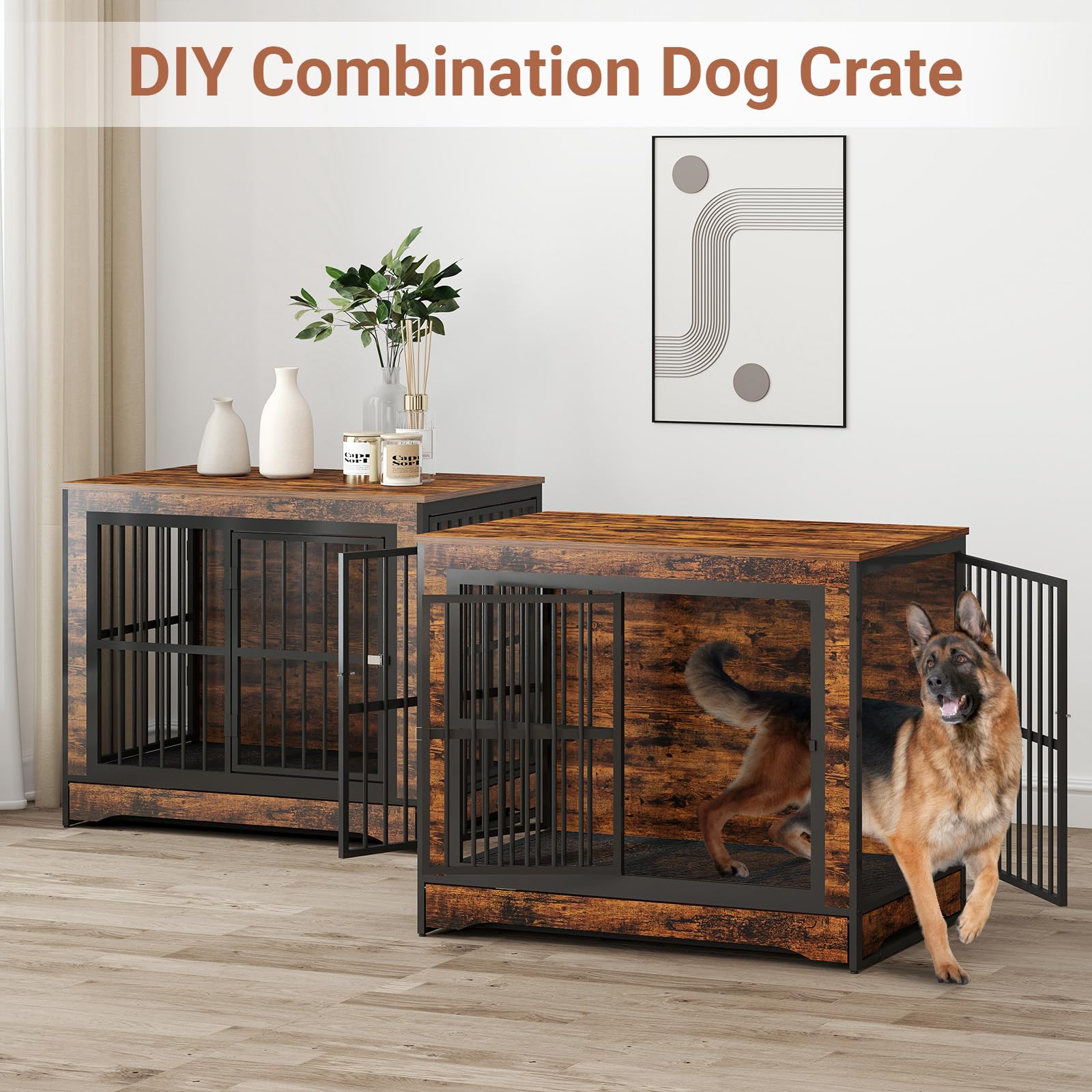 75 Inch Double Dog Crate Furniture with Divider - 4-in-1 Convertible Large Dog Kennel with Removable Trays - Rustic Brown Corner Pet Crate for Small, Medium & Large Dogs - Perfect for Living Room, Bedroom or Home Office