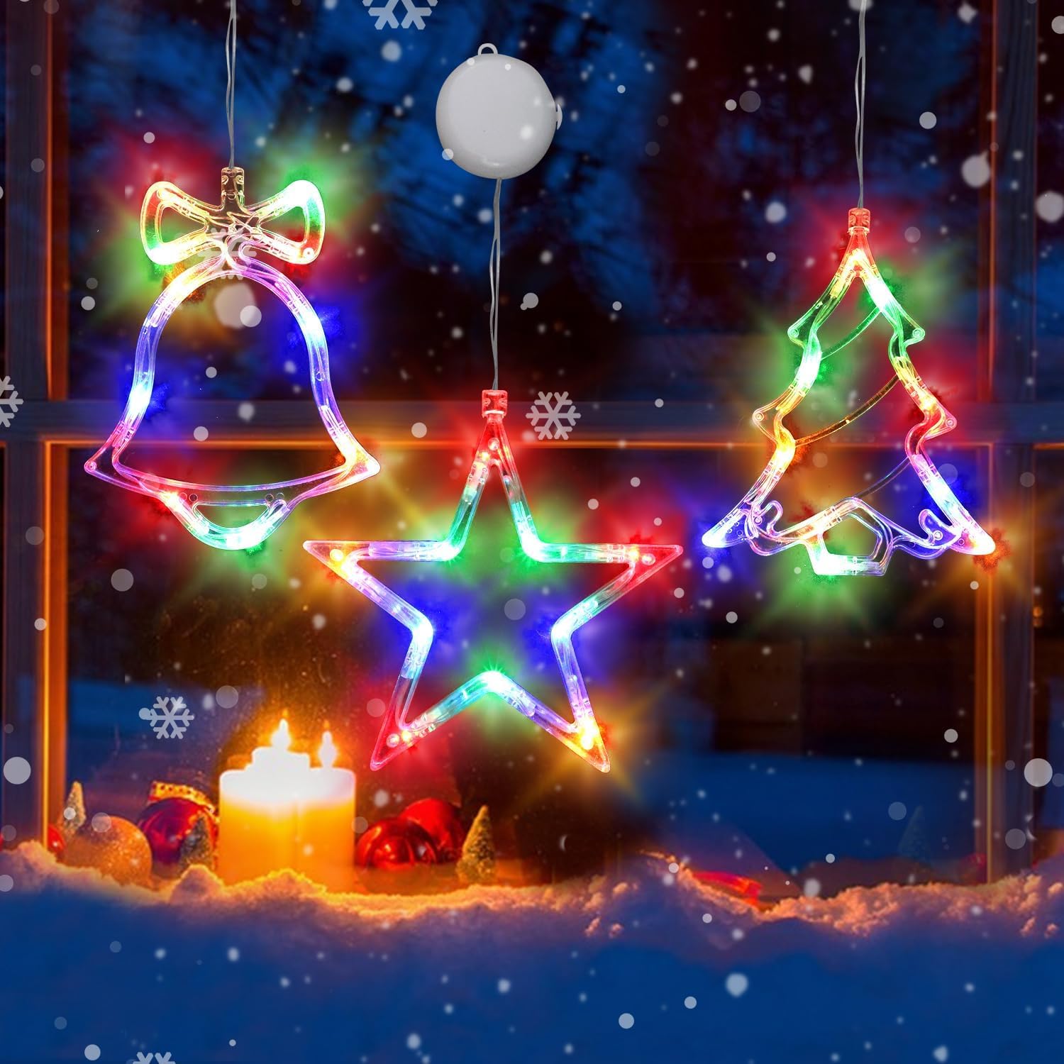 3PCS Christmas Window Lights Decorations - Battery Operated LED Star & Jingle Bell String Lights with Suction Cups for Indoor Fireplace, Tree & Holiday Decor - Perfect for Christmas, New Year & Winter Home Decoration