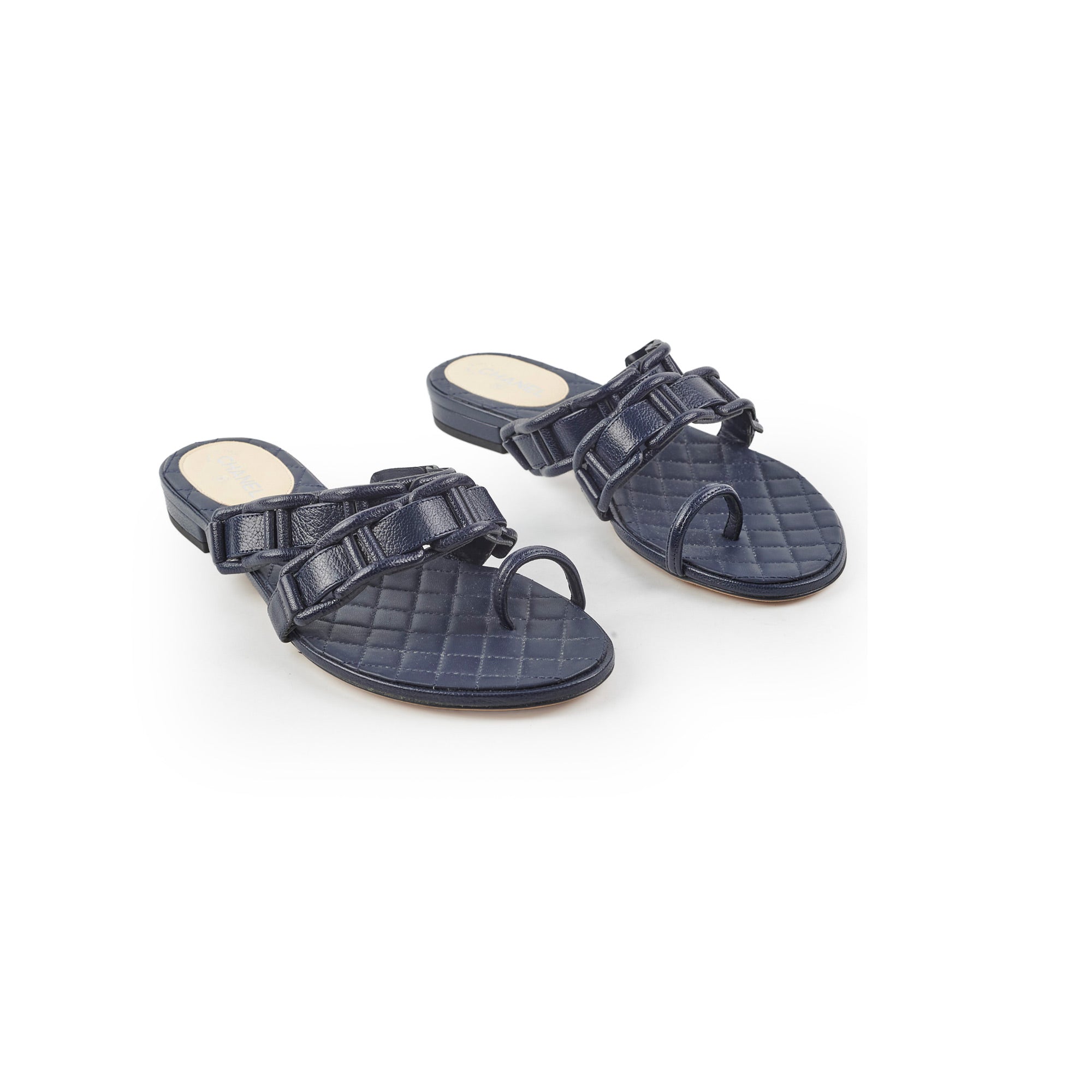 Chanel Navy Blue Leather Sandals Size 36 - Women's Luxury Designer Shoes for Summer Beach & Vacation Outfits