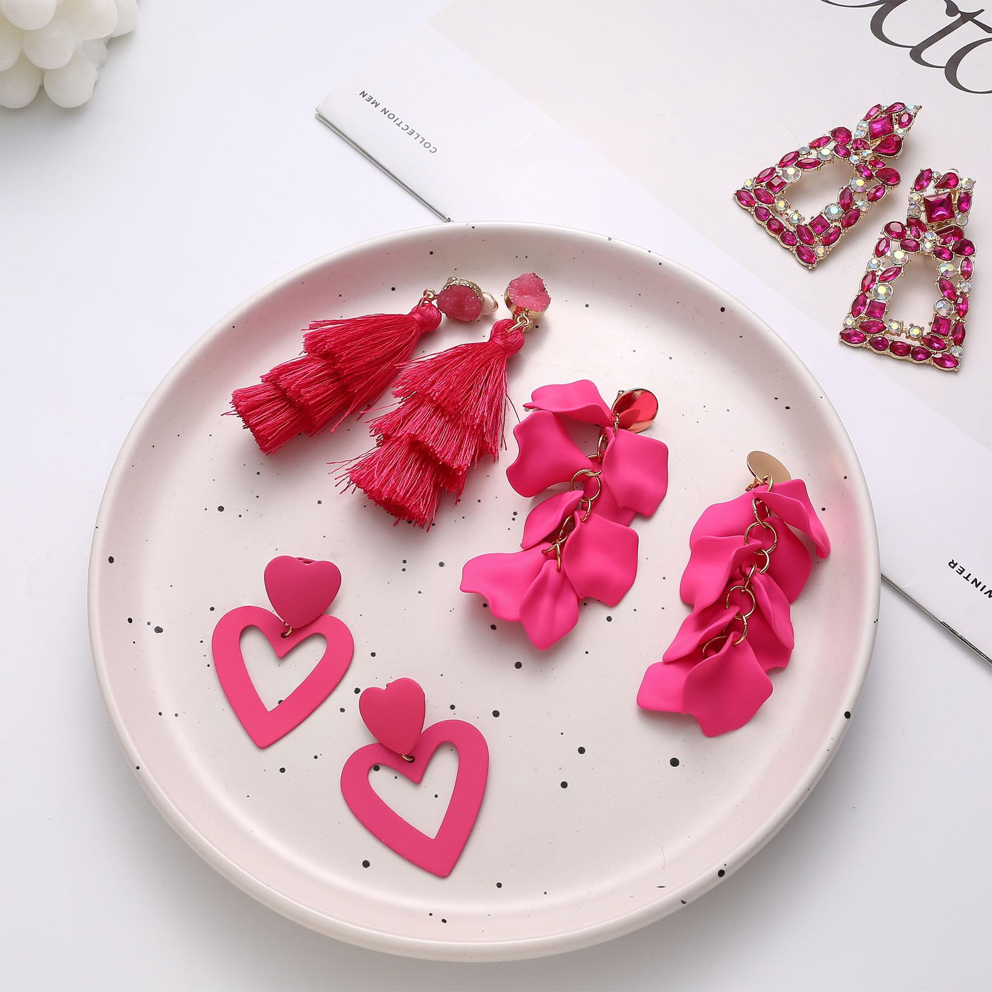 Subiceto 4 Pairs Non-Piercing Clip Earrings for Women - Hot Pink Heart Dangle Drop Earrings with Rhinestones, Geometric Statement & Rose Petal Tassel Designs - Perfect for Parties, Weddings and Everyday Fashion Accessories