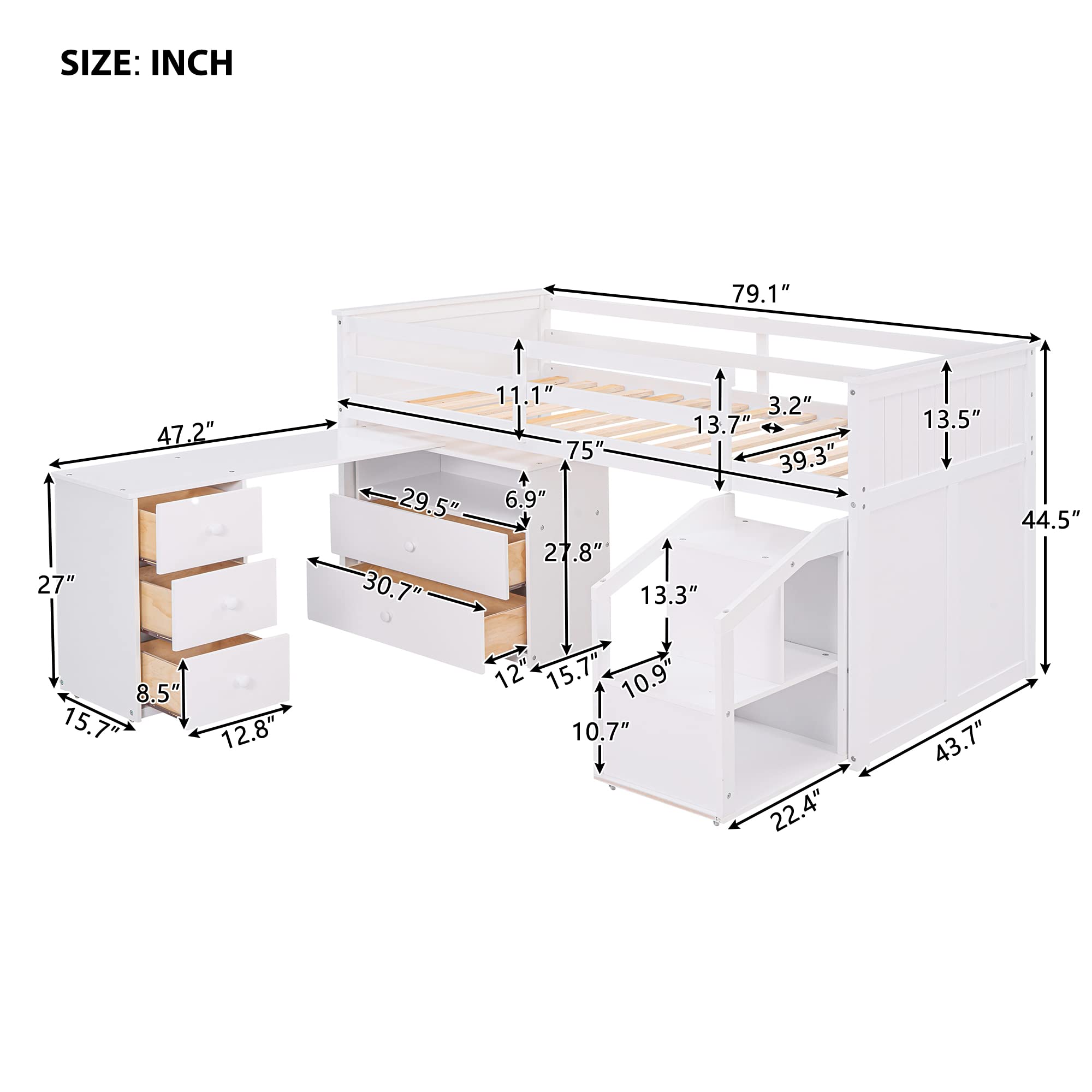 SOFTSEA Twin Loft Bed with Built-in Desk, Storage Cabinet & Stairs - Space-Saving Kids Low Bunk Bed (White) - Perfect for Small Bedrooms, Dorms & Playrooms