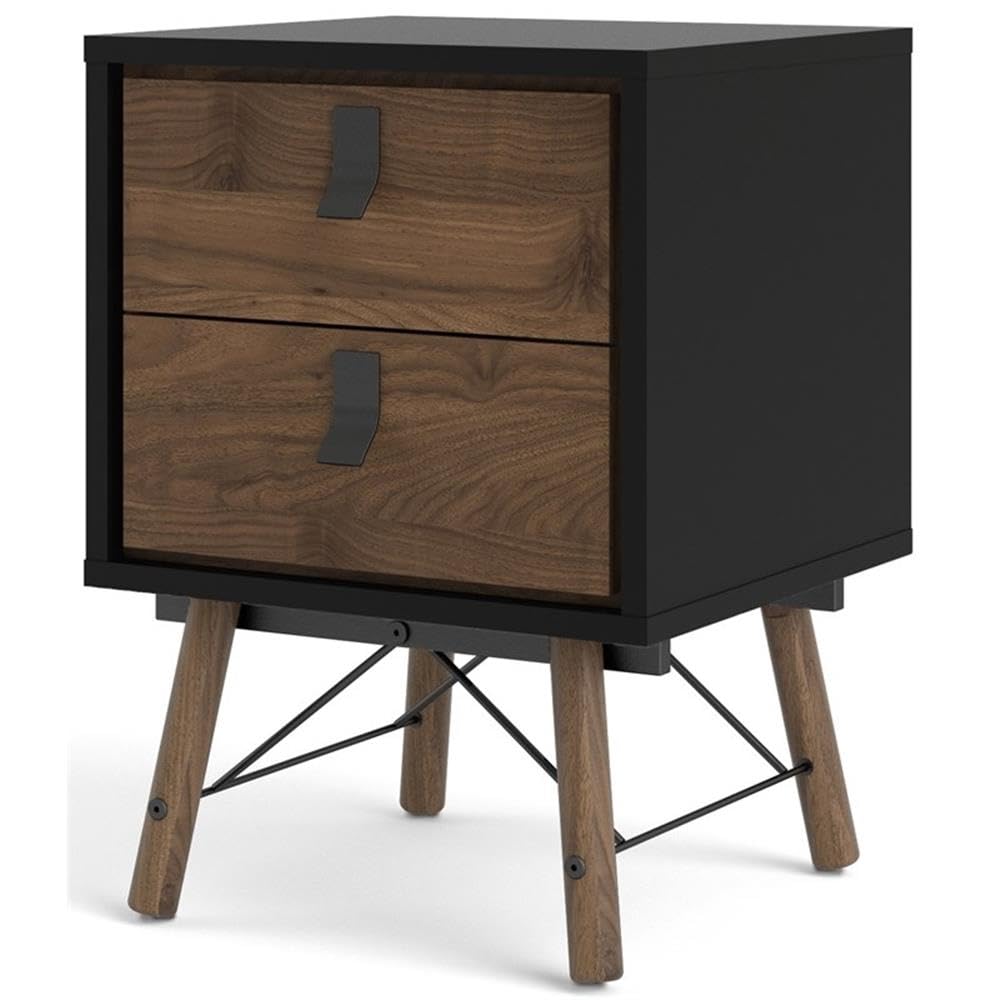 Tvilum Black Matte and Walnut 2-Drawer Nightstand - Modern Bedside Table for Bedroom, Living Room, or Guest Room Storage