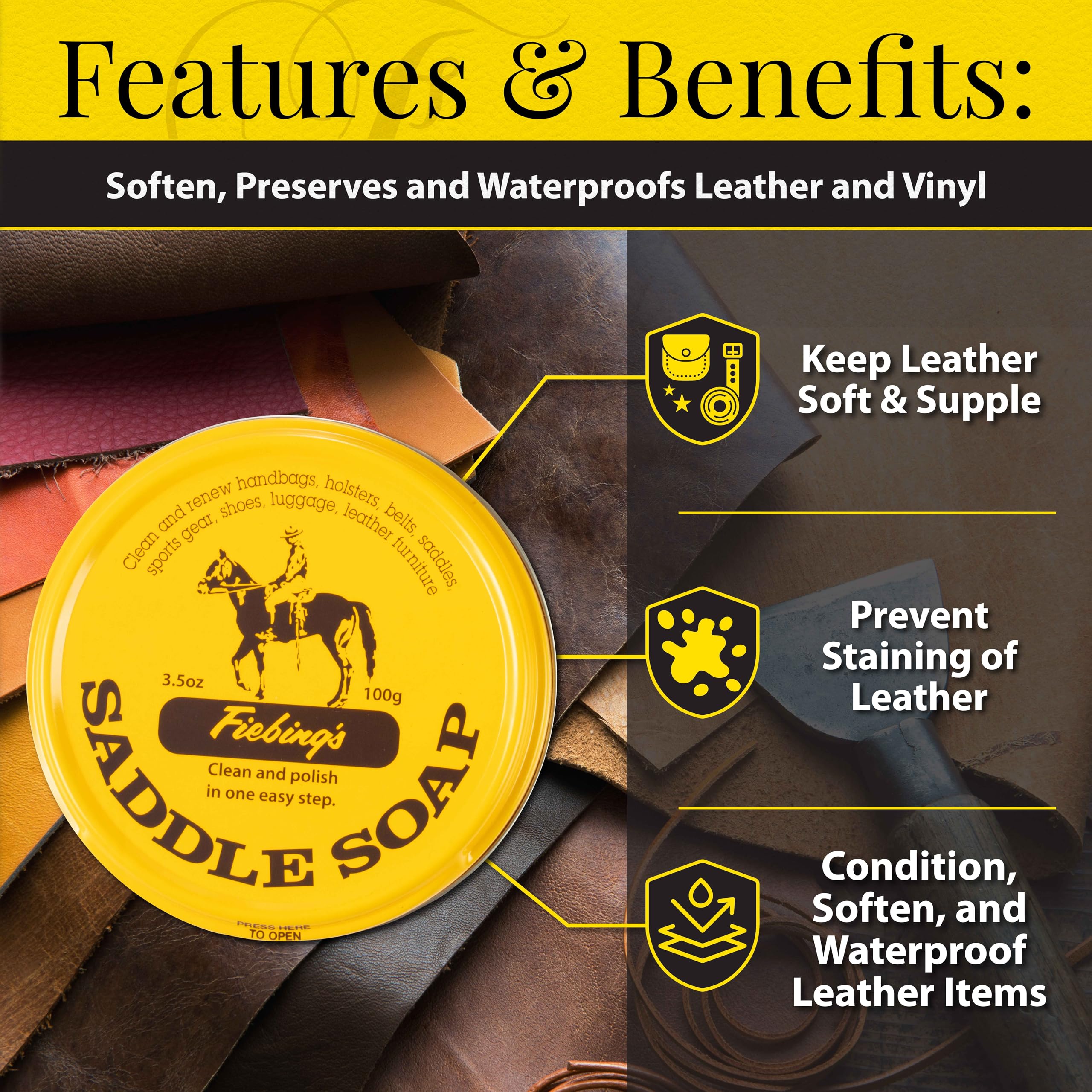 Fiebing's Yellow Saddle Soap (2 Pack, 3.5 oz Each) - Leather Cleaner & Conditioner to Soften, Protect & Restore - Ideal for Leathercraft, Car Seats, Couches, Shoes, Purses, Boots & Bags - Perfect for Leather Maintenance & Restoration Projects