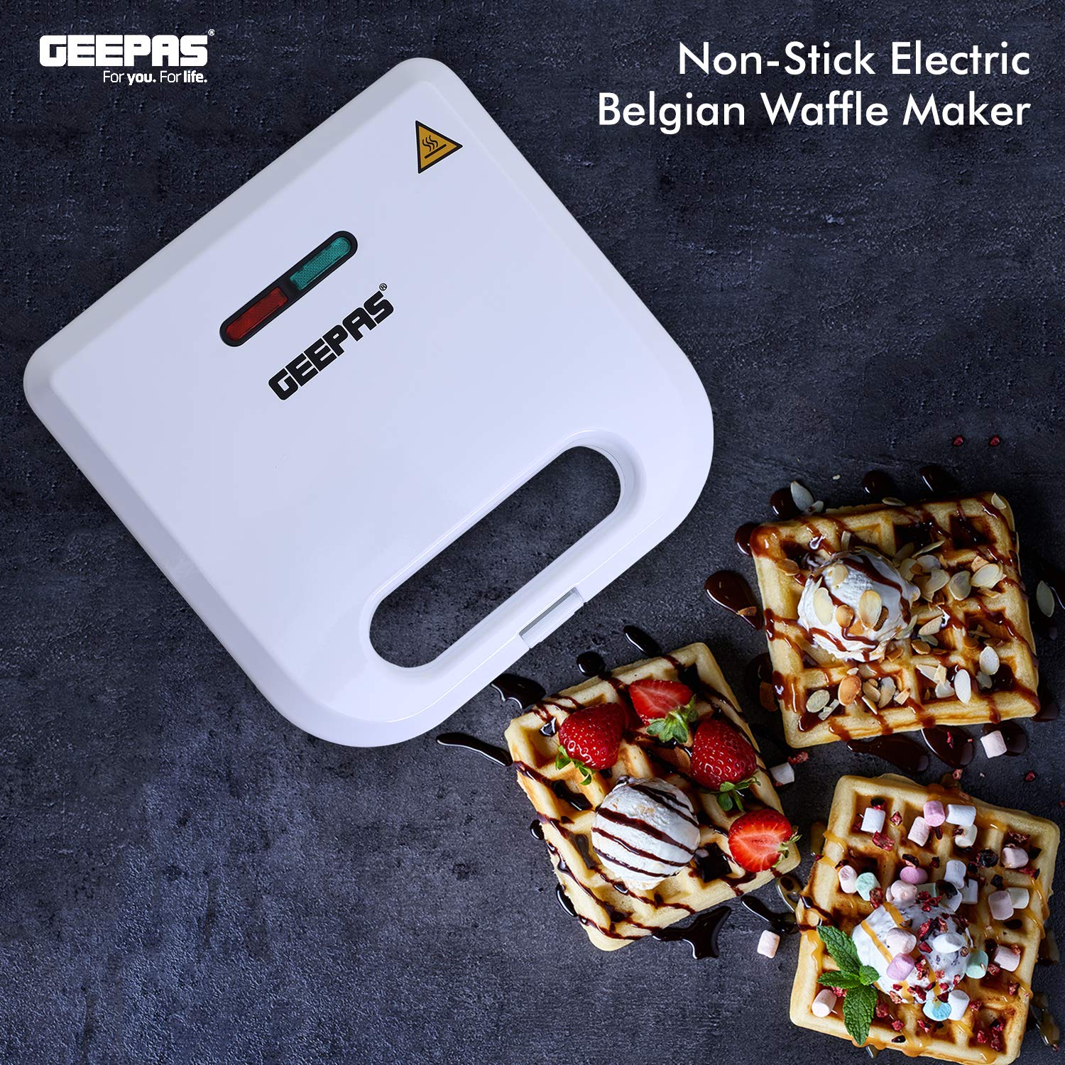 Geepas 750W 2-Slice Belgian Waffle Maker - Non-Stick Electric Waffle Iron with Thermostat Control & Deep Plates - Fast 5-Min Waffles - Perfect for Breakfast, Brunch & Family Gatherings - 2-Year Warranty