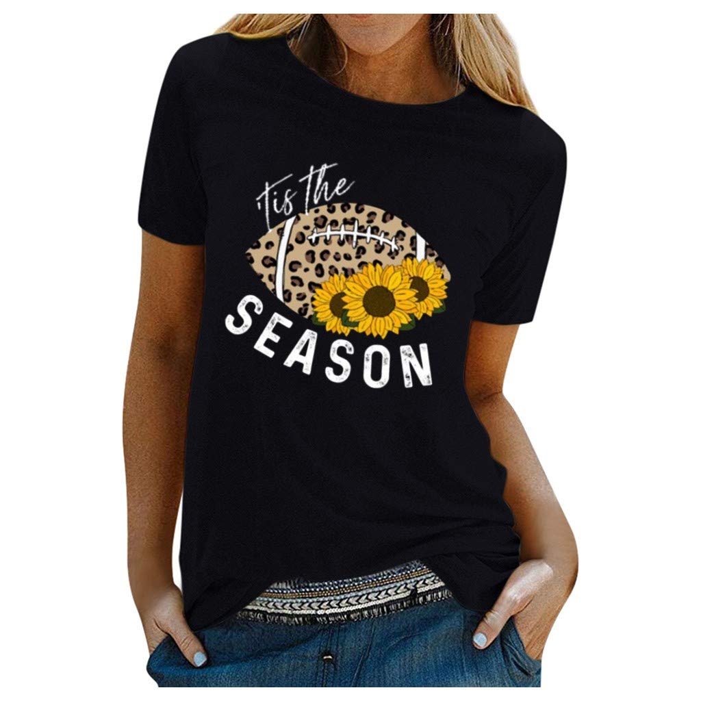 Women's Casual Short Sleeve T-Shirt - Sunflower Print Slim Fit O-Neck Tee (Black, XXXL) for Summer Outfits, Beach Wear & Daily Fashion