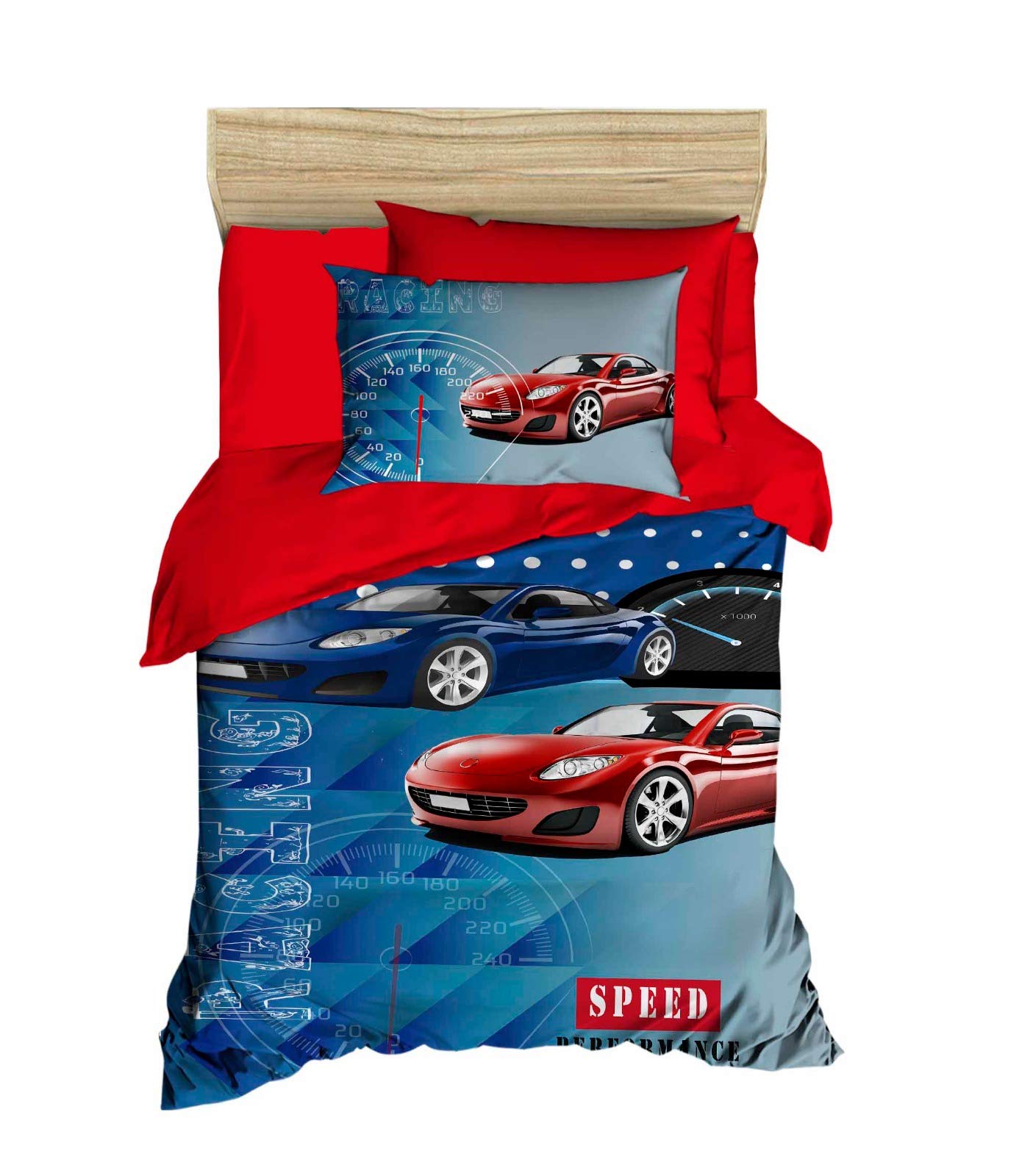 3D Printed 100% Cotton Cars Themed Bedding Set - Twin Size Quilt, Duvet Cover & Comforter (5 Piece Set) for Boys | Blue & Red Race Car Design | Perfect for Kids' Bedrooms, Themed Parties & Gift Giving