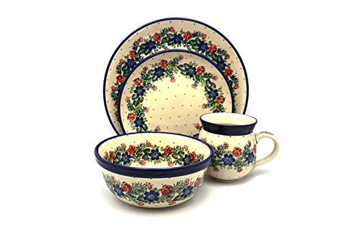 Handmade Polish Pottery 4-Piece Place Setting with Standard Bowl - Garden Party Design for Dinnerware, Perfect for Home Dining, Wedding Gifts & Special Occasions
