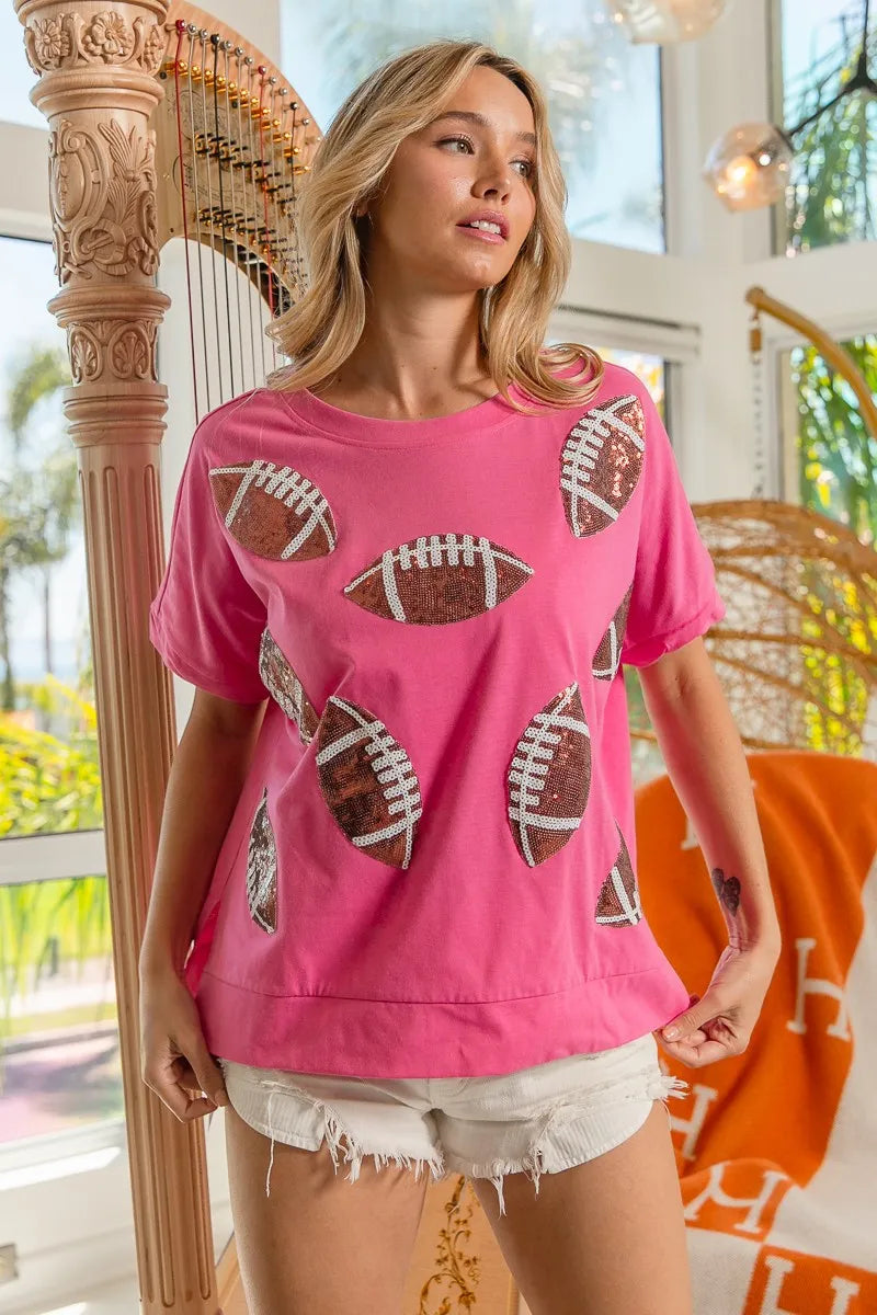 BiBi Game Day Sequins Patched Half Sleeves Top for Women | Sparkling Party & Sports Event Outfit | Perfect for Football Games, Concerts & Night Out