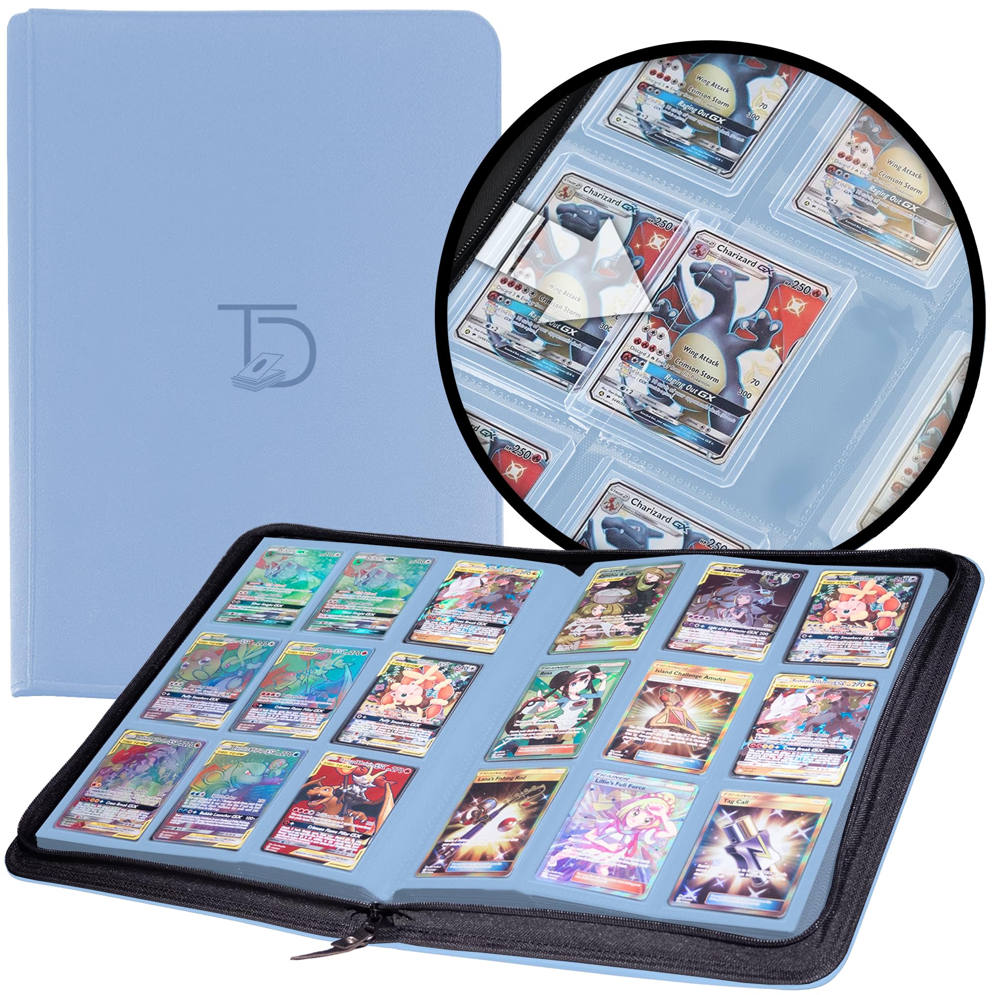 TopDeck 200 TopLoader Binder - 9 Pocket Trading Card Binder Album for Yugioh, Magic the Gathering & Pokemon Cards - Premium TCG Storage with Secure Sleeves - Sports & Collectible Card Holder (Blue) - Perfect for Card Collectors, Tournaments & Displaying Your Valuable Collection