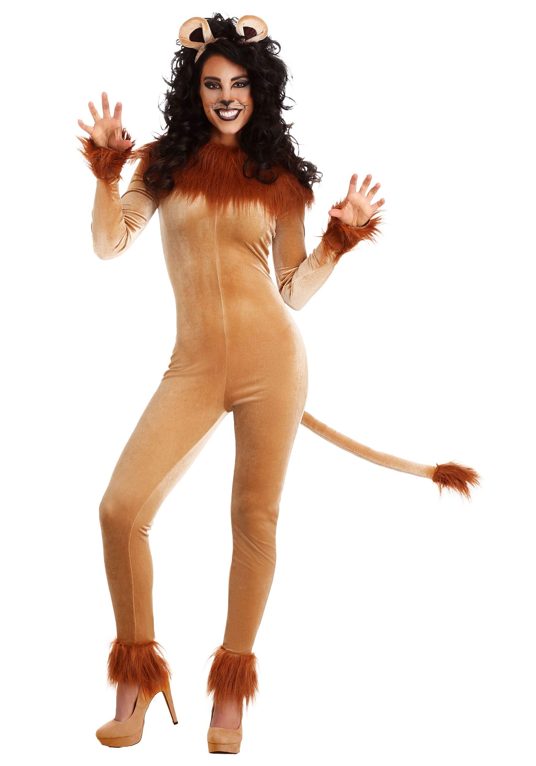Fierce Lion Women's Costume Jumpsuit - Faux Fur Collar & Cuffs with Headband & Tail - Perfect for Halloween, Cosplay, and Themed Parties