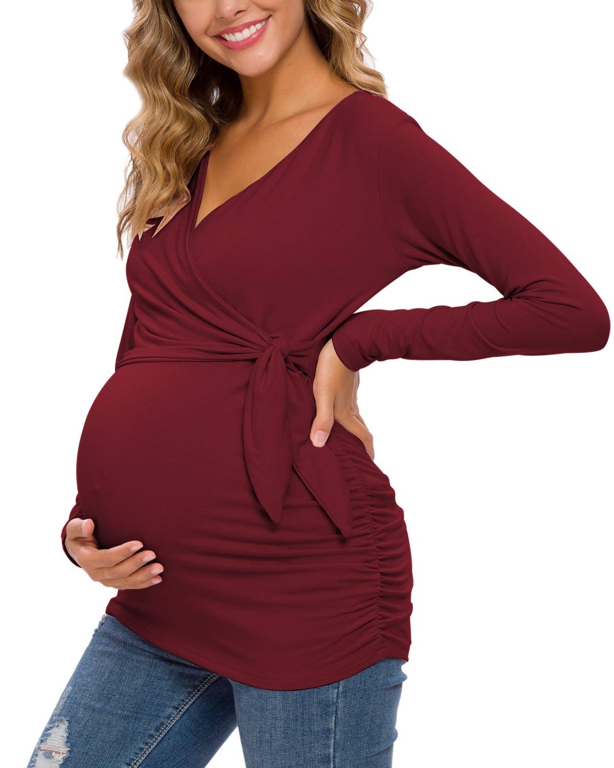 Glampunch Women's Maternity Shirts - Soft Stretchy Short & Long Sleeve Tie Front Wrap Tops for Pregnancy - Perfect for Work, Casual Wear & Maternity Photos