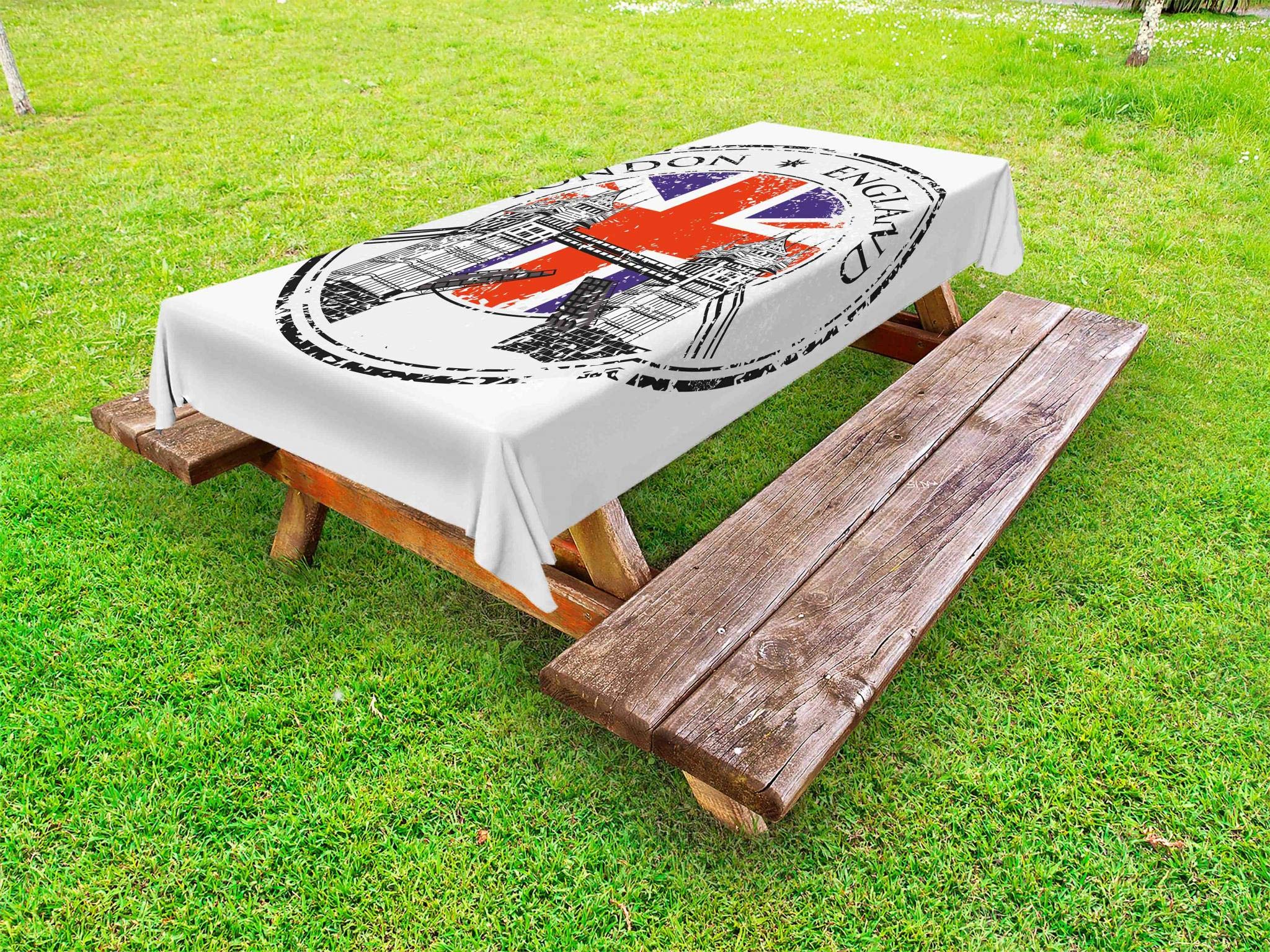 Ambesonne British Outdoor Tablecloth - Vintage London England Grunge Stamp & Flag Design, Washable Picnic Table Cover, 58
