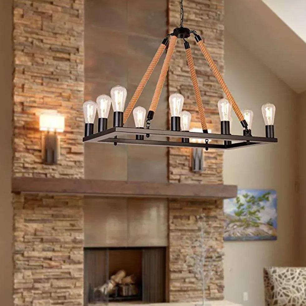 Industrial Square Multi Bulb Rope Pendant Light - Vintage Edison Style Hanging Fixture for Kitchen Island, Dining Room & Bar Decor