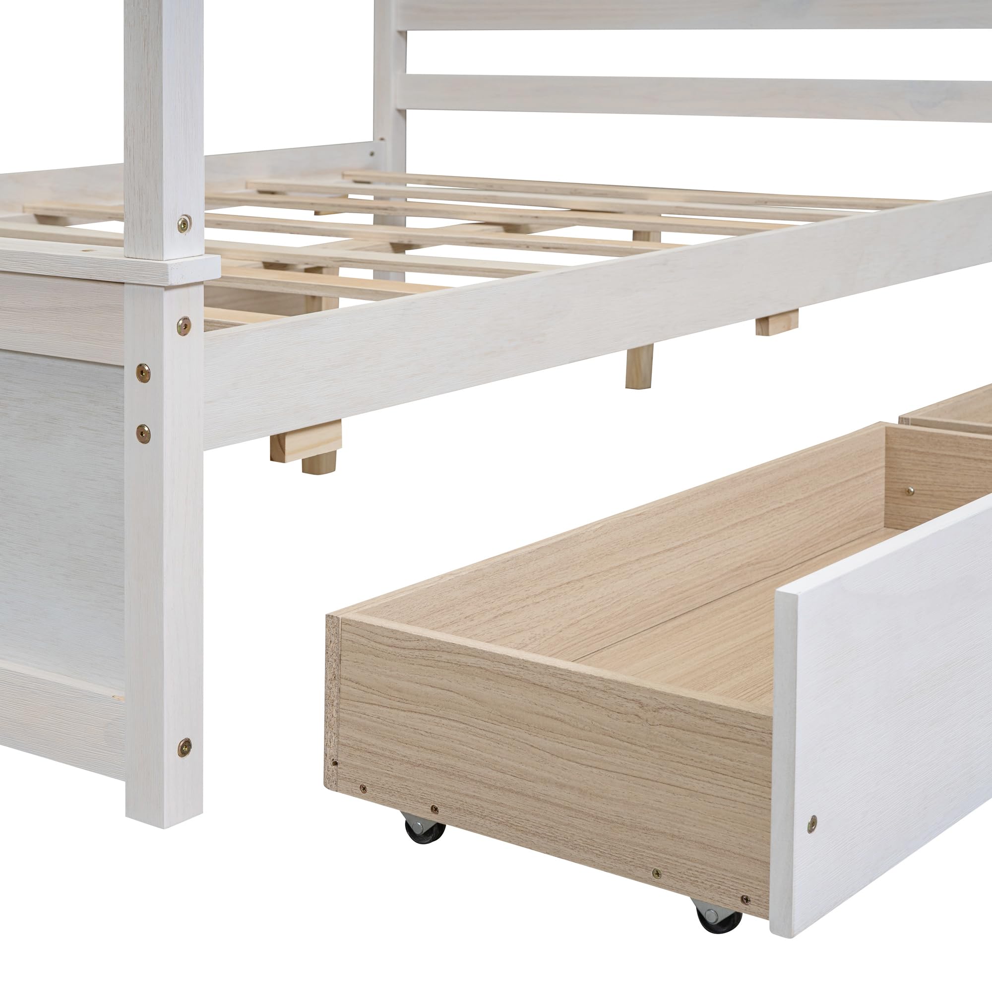 Full Size Canopy Bed with 4 Storage Drawers & Headboard - Wooden Platform Bed Frame, Four Poster Bed in Brushed White - Perfect for Master Bedroom, Guest Room & Small Space Storage Solutions