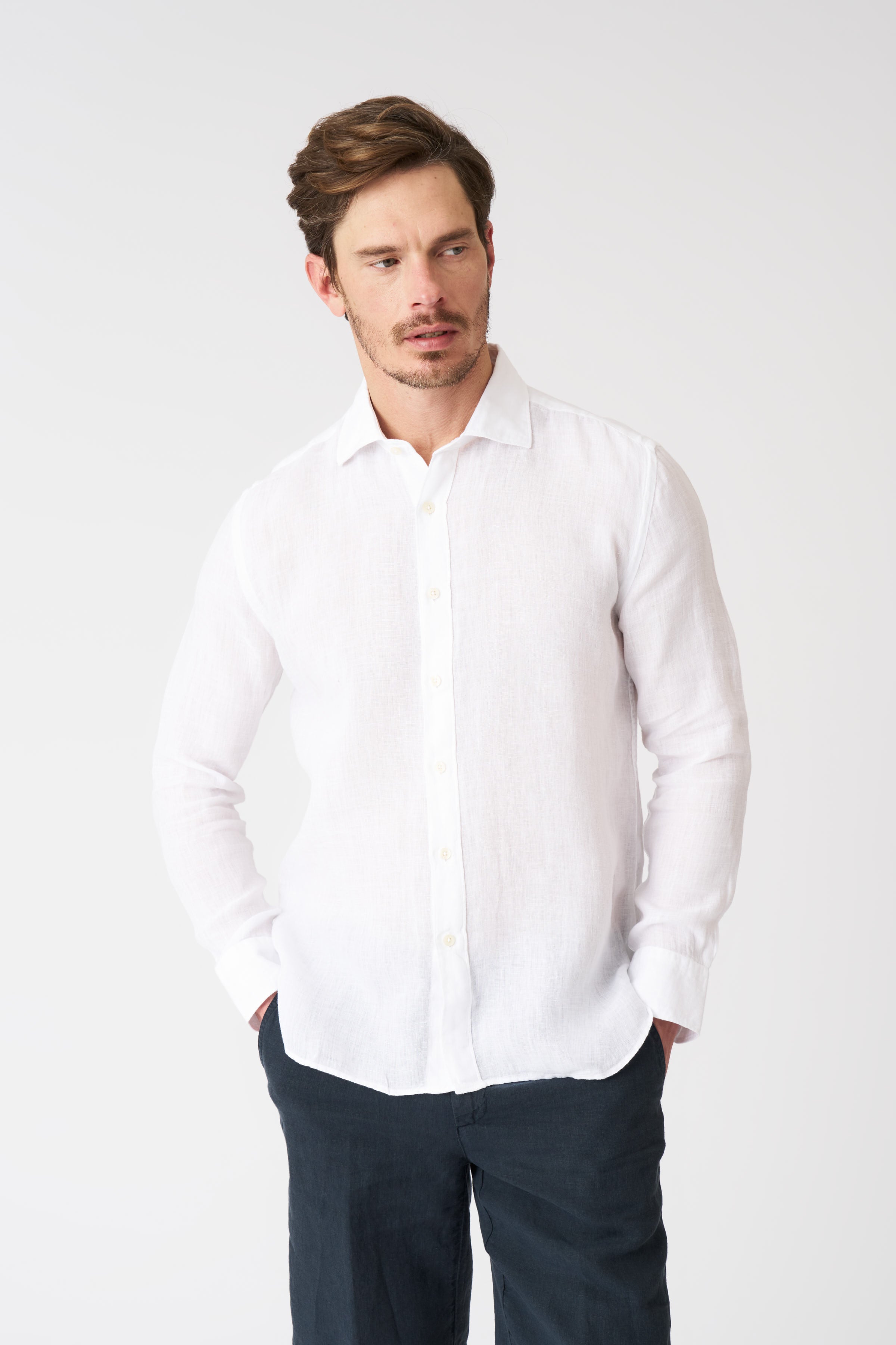 Classic White Slim Fit Linen Shirt for Men - Medium Size - Breathable Summer Casual Wear for Office & Outdoor Activities