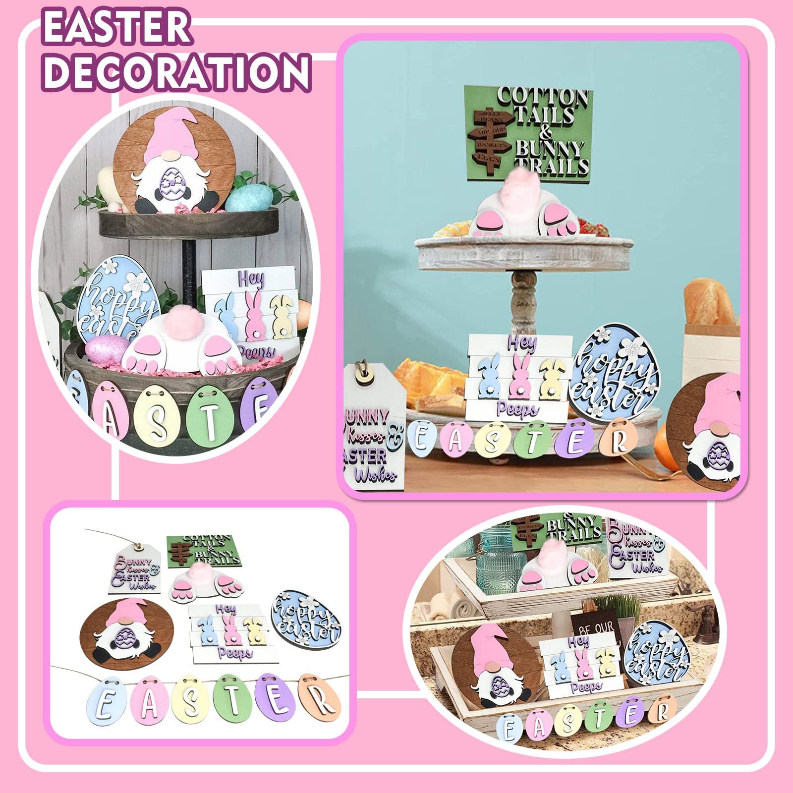 3D Mini Wooden Bunny Signs Easter Tiered Tray Decor - Rustic Wooden Easter Decorations for Home, Office & Party - Perfect for Spring Table Centerpiece, Easter Basket Fillers & Holiday Home Decor
