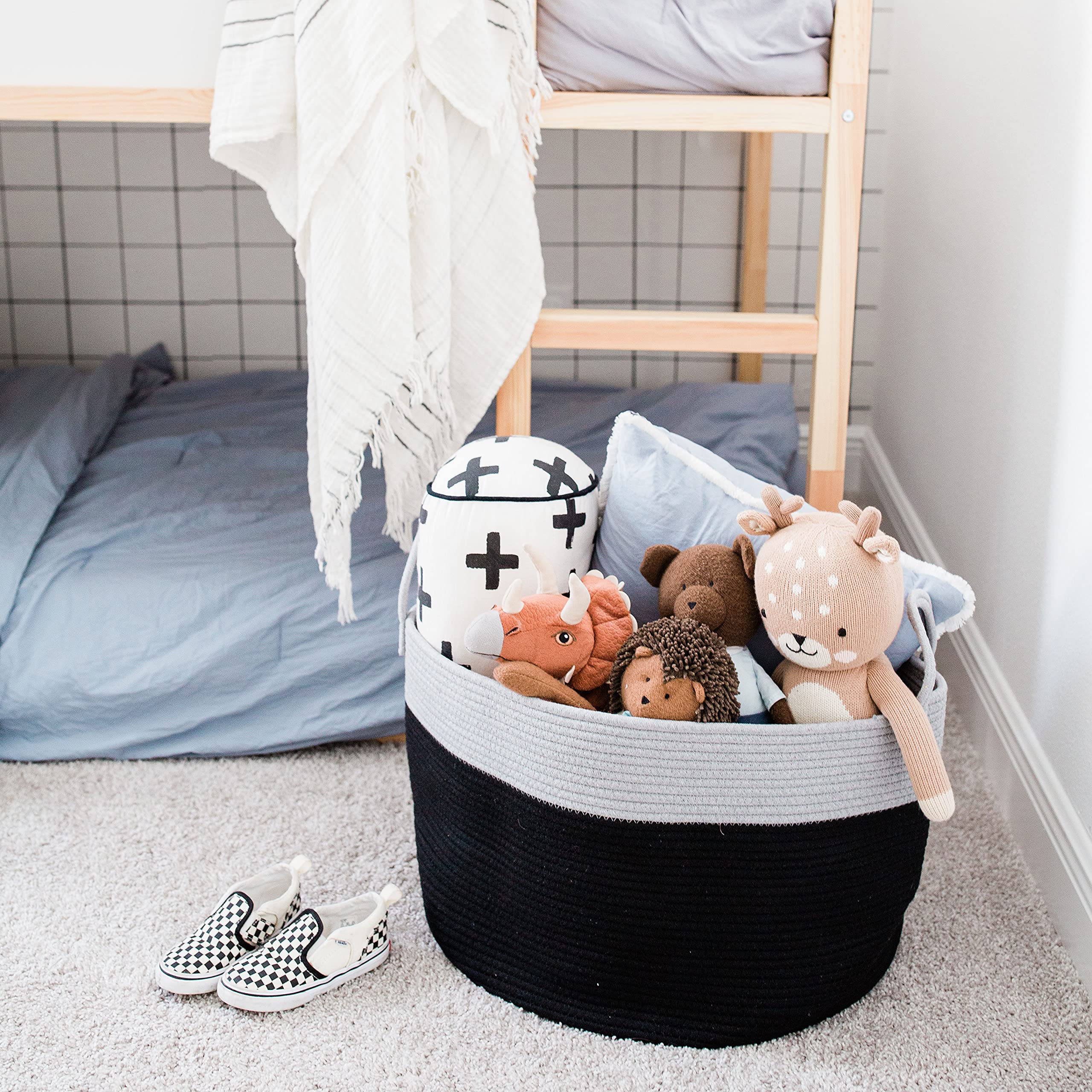 OrganiHaus Gray & Black Woven Storage Basket 20x13 - Large Cotton Rope Basket with Handles for Blankets, Pillows & Laundry | Perfect for Living Room, Nursery & Home Organization