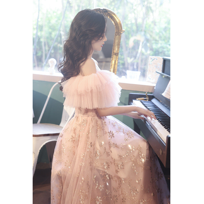Elegant Off Shoulder Pink Tulle Prom Dress for Women - Sweet Cute Party Gown for Homecoming, Quinceanera, and Formal Events