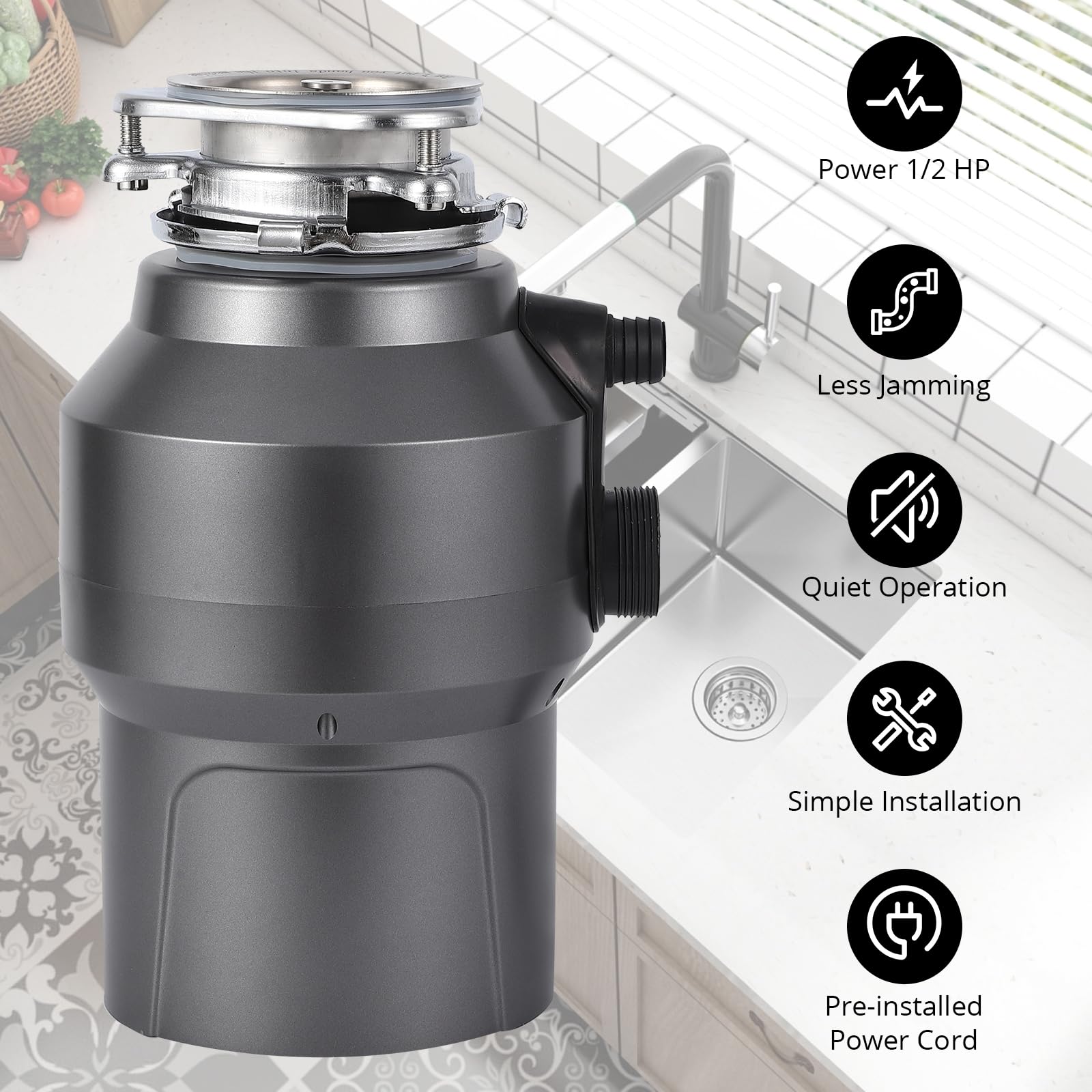 1/2 HP Continuous Feed Garbage Disposal with Air Switch - 380W 3500 RPM Food Waste Disposer - 14 Inch Power Cord - Ideal for Kitchen Sink Waste Management & Dish Cleaning