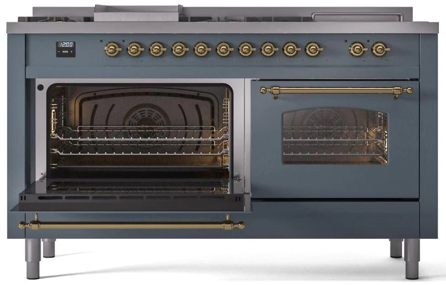 ILVE Nostalgie II 60-Inch Dual Fuel Natural Gas Range with Brass Trim - Blue Grey (UP60FSNMPBGG) | Professional Italian Kitchen Appliance for Home Chefs & Gourmet Cooking