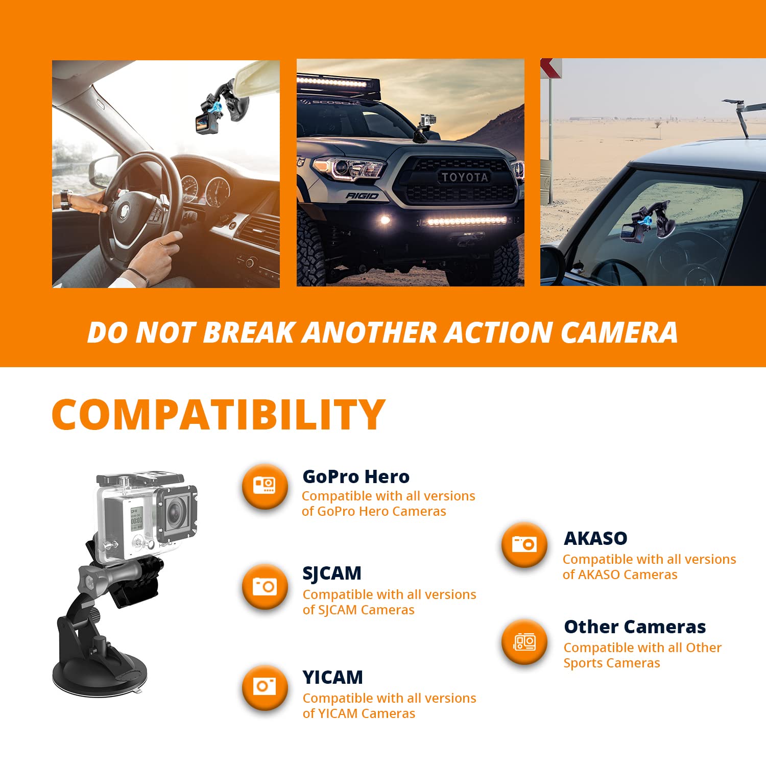 MiPremium Universal Car Suction Cup Mount for GoPro Hero 13/12/11/10/9/8/7/6/5/4/3/3+/2, Max, Hero+, Session & Action Cameras - Windshield & Glass Window Dash Cam Holder - Perfect for Cars, Trucks, Boats & Outdoor Adventures