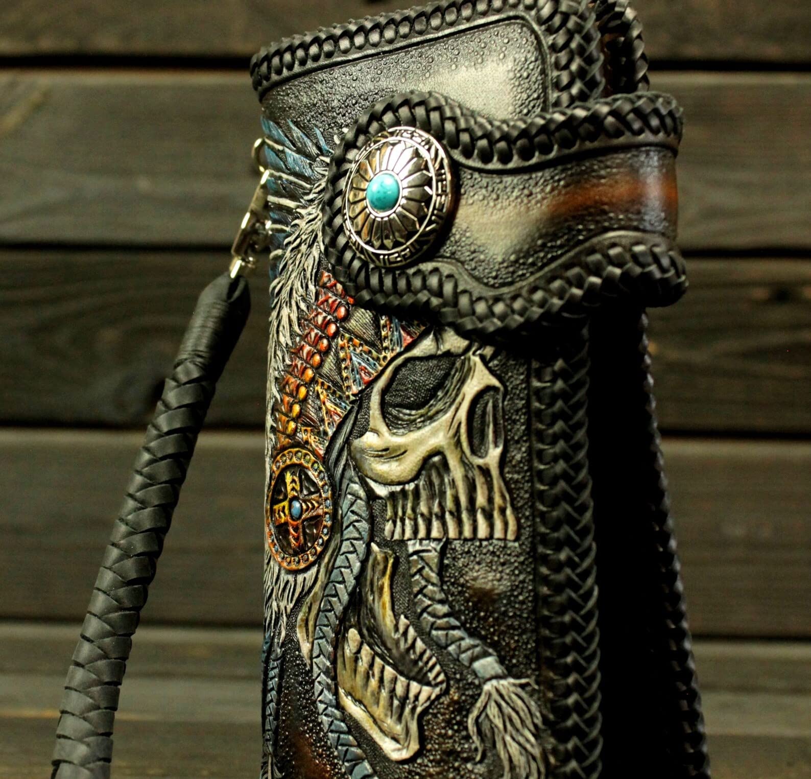 Handmade 3D Genuine Leather Biker Wallet for Men - Custom Hand-Carved & Hand-Painted with Native American Skull & Skeleton Design - Perfect for Motorcycle Riders, Gift Giving & Western Fashion Enthusiasts