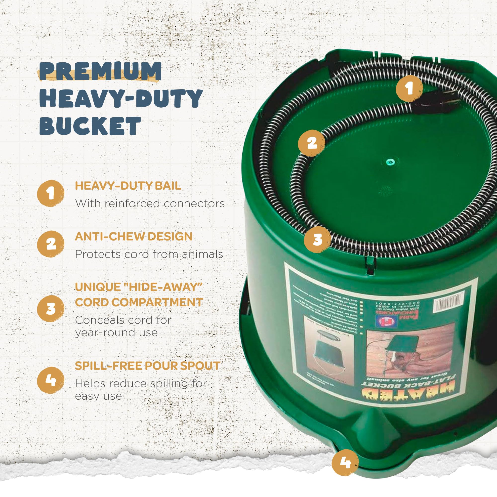 Farm Innovators FB-120 24 Quart Heated Plastic Bucket with Metal Handle - Thermostat Controlled, Hidden Cord Storage, 120W (2 Pack) for Livestock Watering in Winter & Outdoor Animal Care