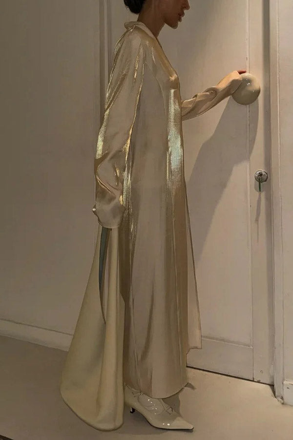 Elegant Solid Color Glossy V-Neck Long Sleeve Slit Maxi Dress for Women | Casual Party & Evening Wear | Perfect for Date Nights, Weddings, and Special Occasions