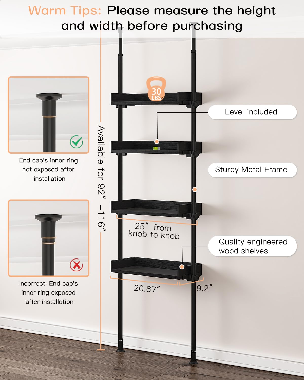 ALLZONE Adjustable Over The Toilet Storage Cabinet - 4 Shelves Bathroom Organizer with Tension Mount (Fits 92-116 Inch Height, Black) - Perfect for Small Bathrooms, Apartment Storage & Space Saving Solutions